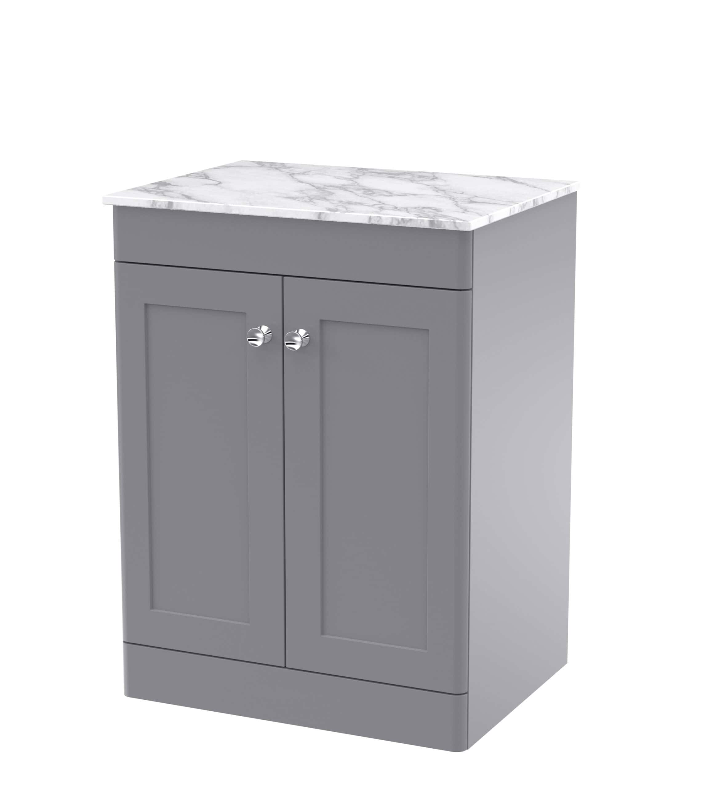 Stylish grey bathroom vanity unit with marble effect countertop, perfect for elegant and functional bathroom storage solutions.