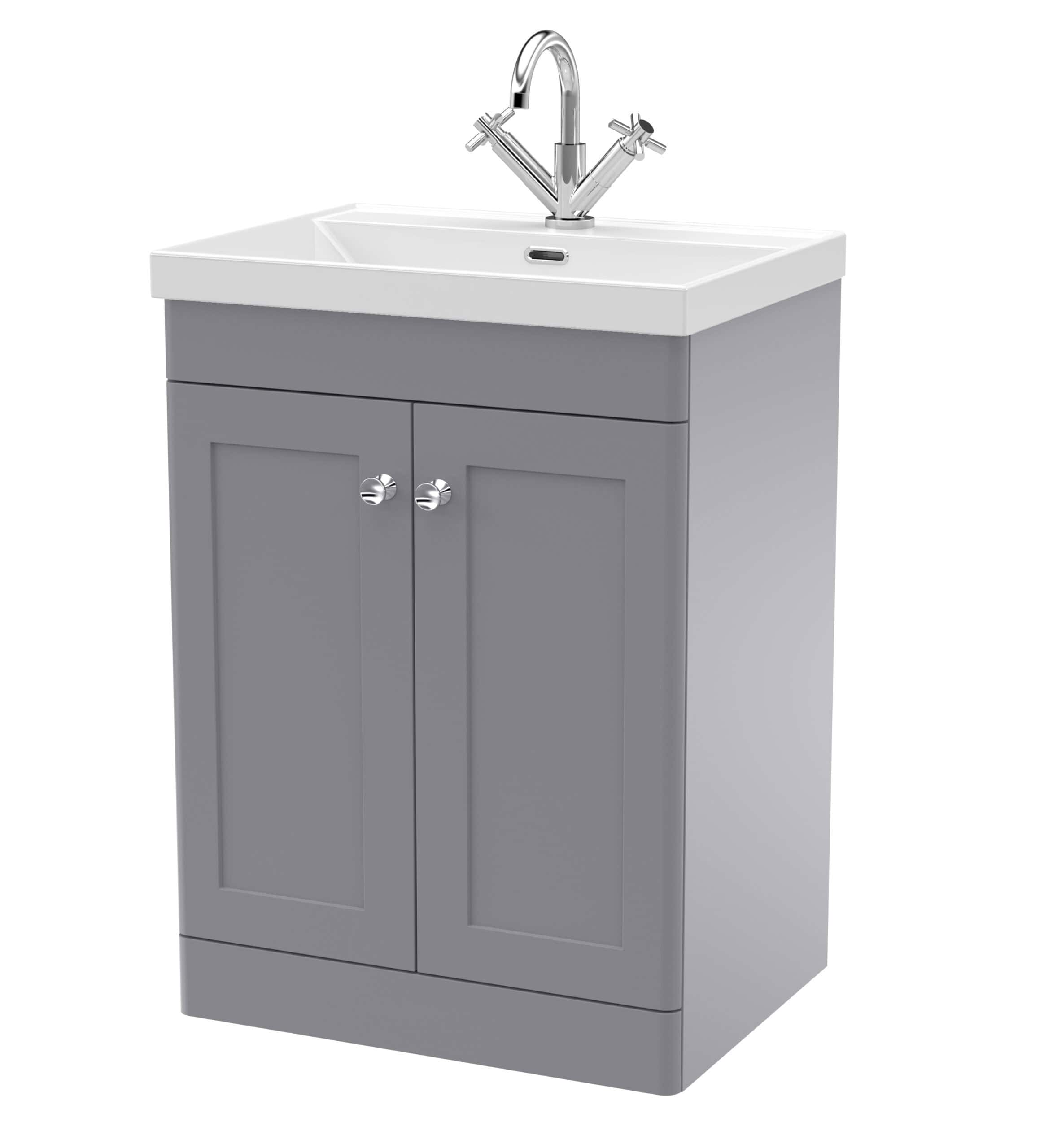 Modern grey bathroom vanity unit with ceramic sink and chrome tap, ideal for contemporary bathroom designs, offering stylish storage solutions.