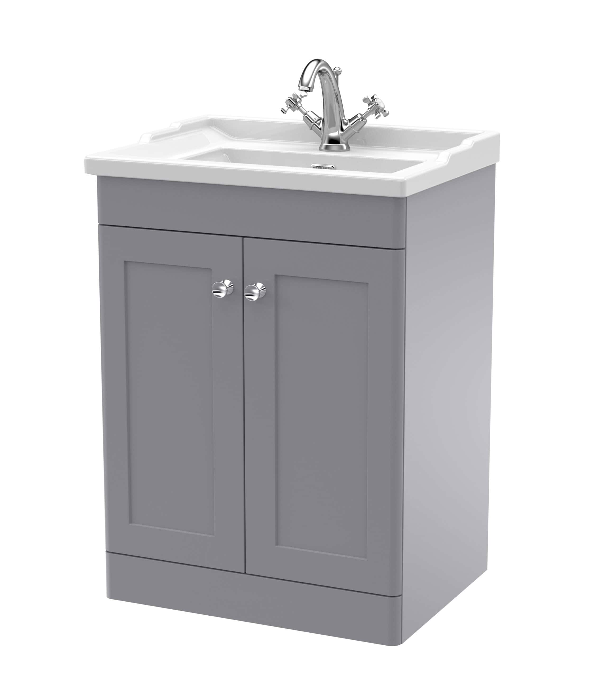 Shower sink cabinet with grey base and white ceramic top, featuring chrome taps, ideal for modern bathroom interiors.