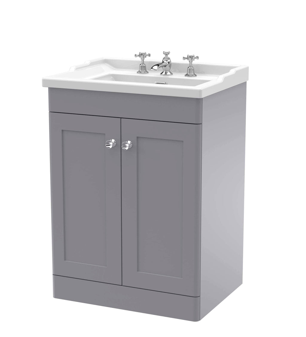 Modern grey bathroom vanity with ceramic sink and chrome taps, ideal for stylish bathroom renovations and upgrades. Durable, functional, and elegant design.