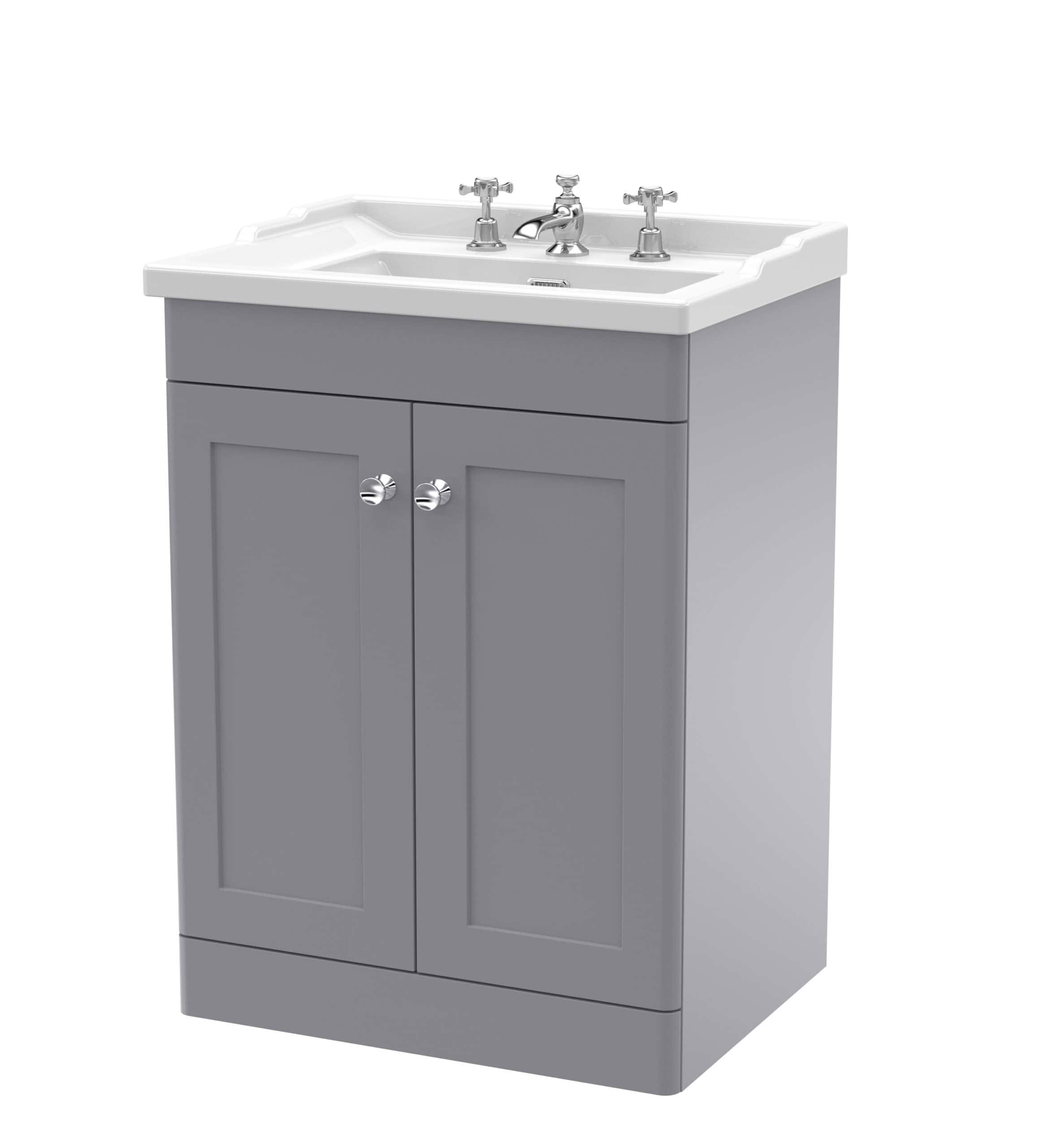 Modern grey bathroom vanity with ceramic sink and chrome taps, ideal for stylish bathroom renovations and upgrades. Durable, functional, and elegant design.