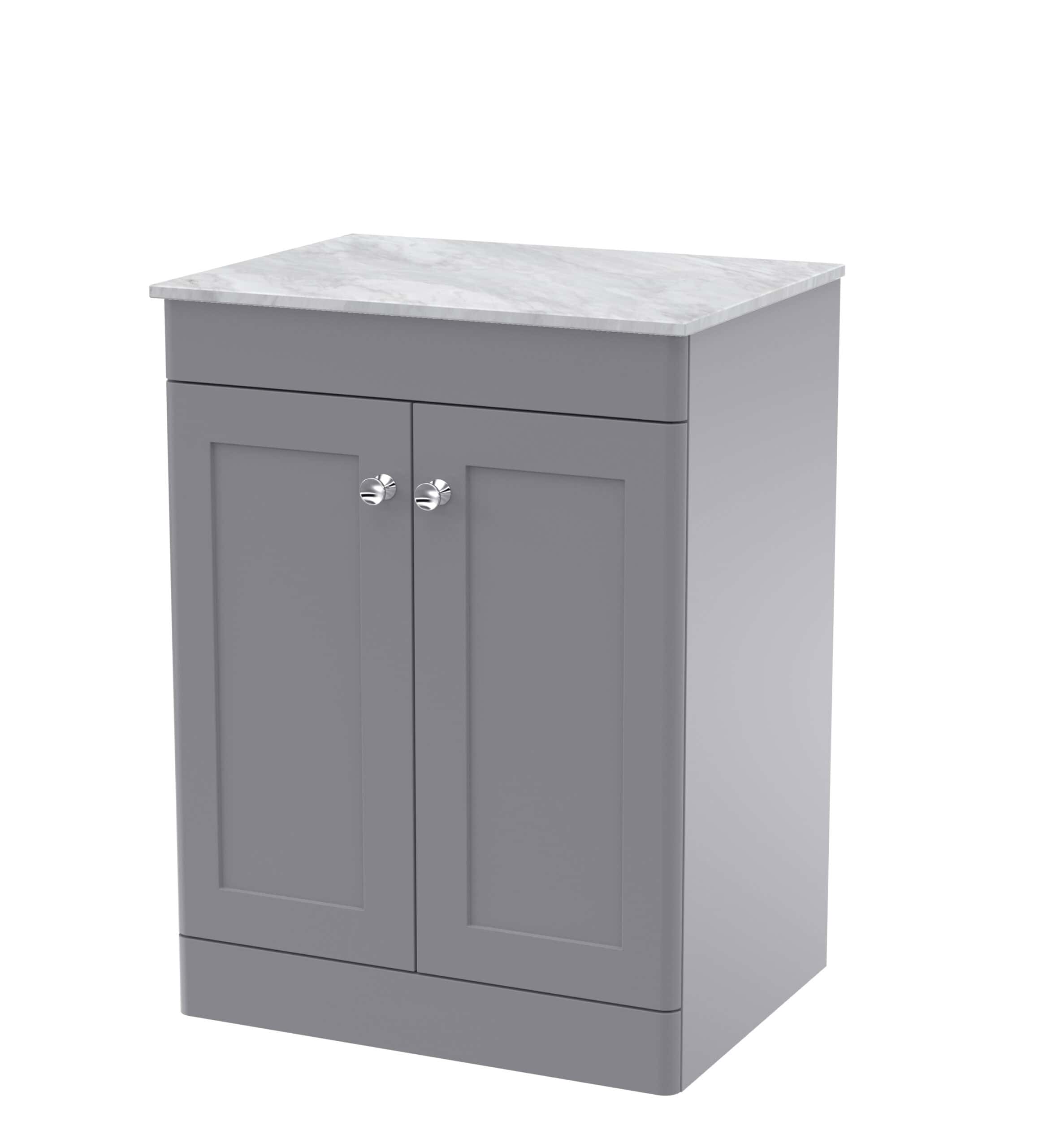 Modern grey bathroom vanity with marble top and chrome handles, ideal for stylish and functional bathroom storage solutions. Perfect for contemporary bathroom designs.