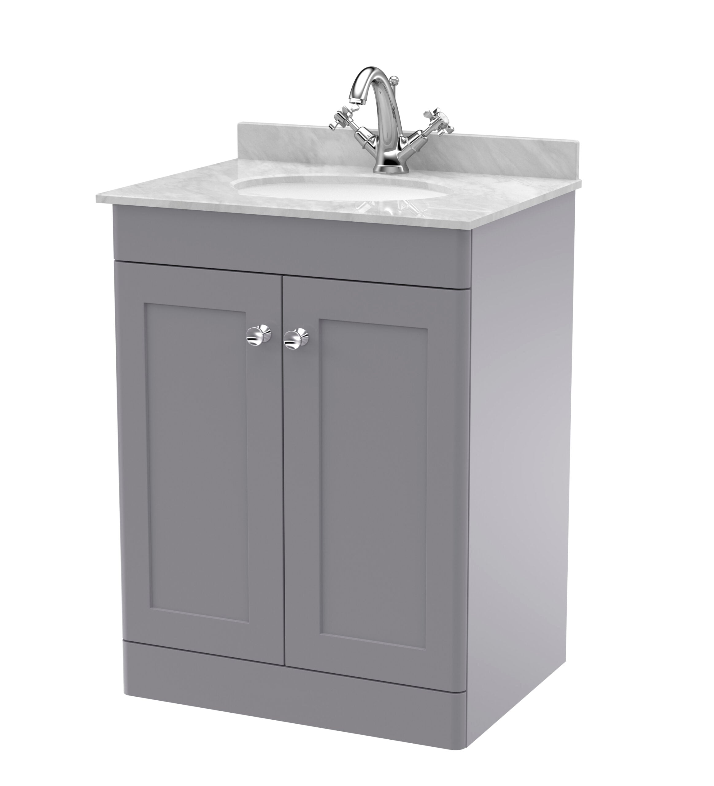 Modern grey bathroom vanity with marble countertop and chrome sink tap, ideal for stylish bathroom renovations and storage solutions.