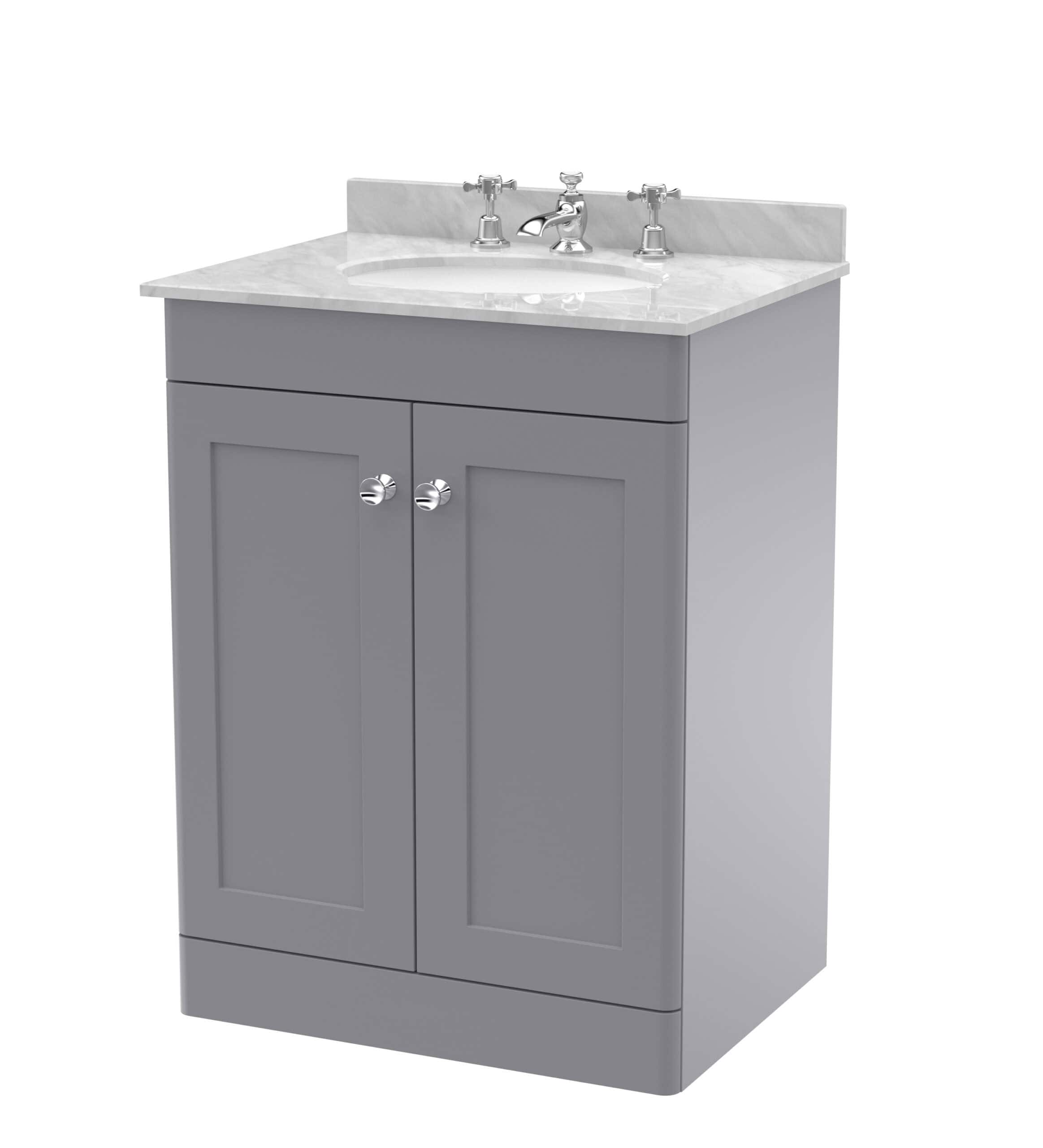 Polished grey bathroom vanity with marble countertop and classic chrome fixtures, perfect for modern bathroom renovation.