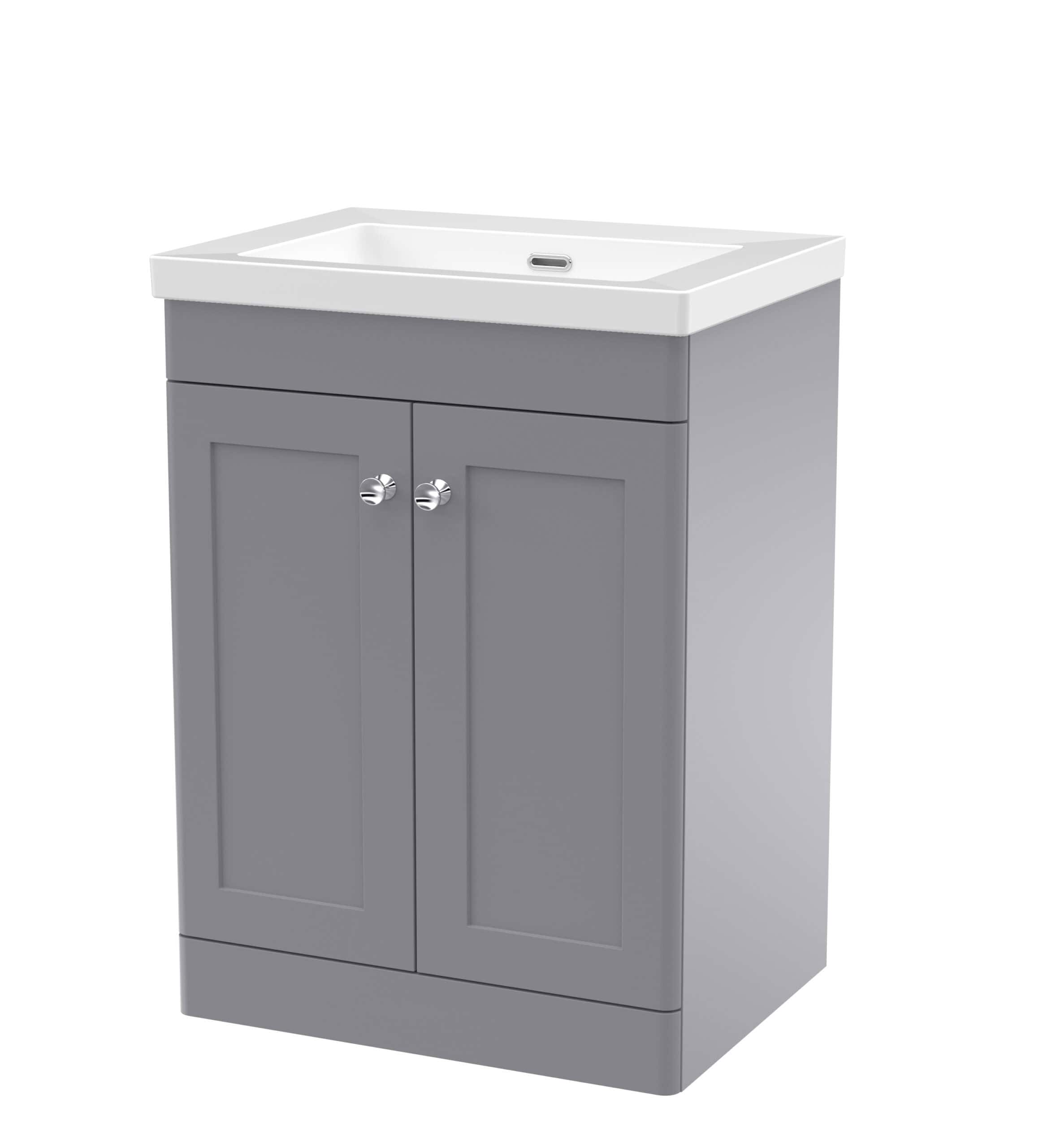 Sleek grey bathroom vanity unit with integrated sink, ideal for modern bathroom storage solutions. Durable and stylish, perfect for contemporary bathroom designs with ample storage space.