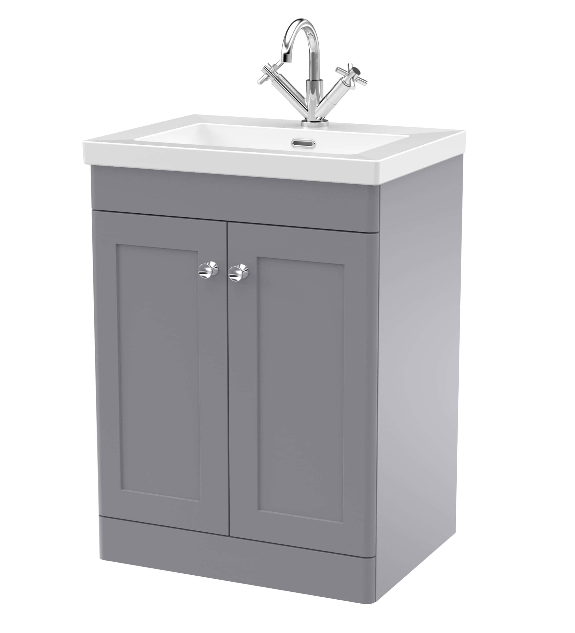 Sleek grey bathroom vanity unit with a white ceramic sink and chrome taps, ideal for modern bathrooms. Durable storage with double doors, perfect for organising bathroom essentials.