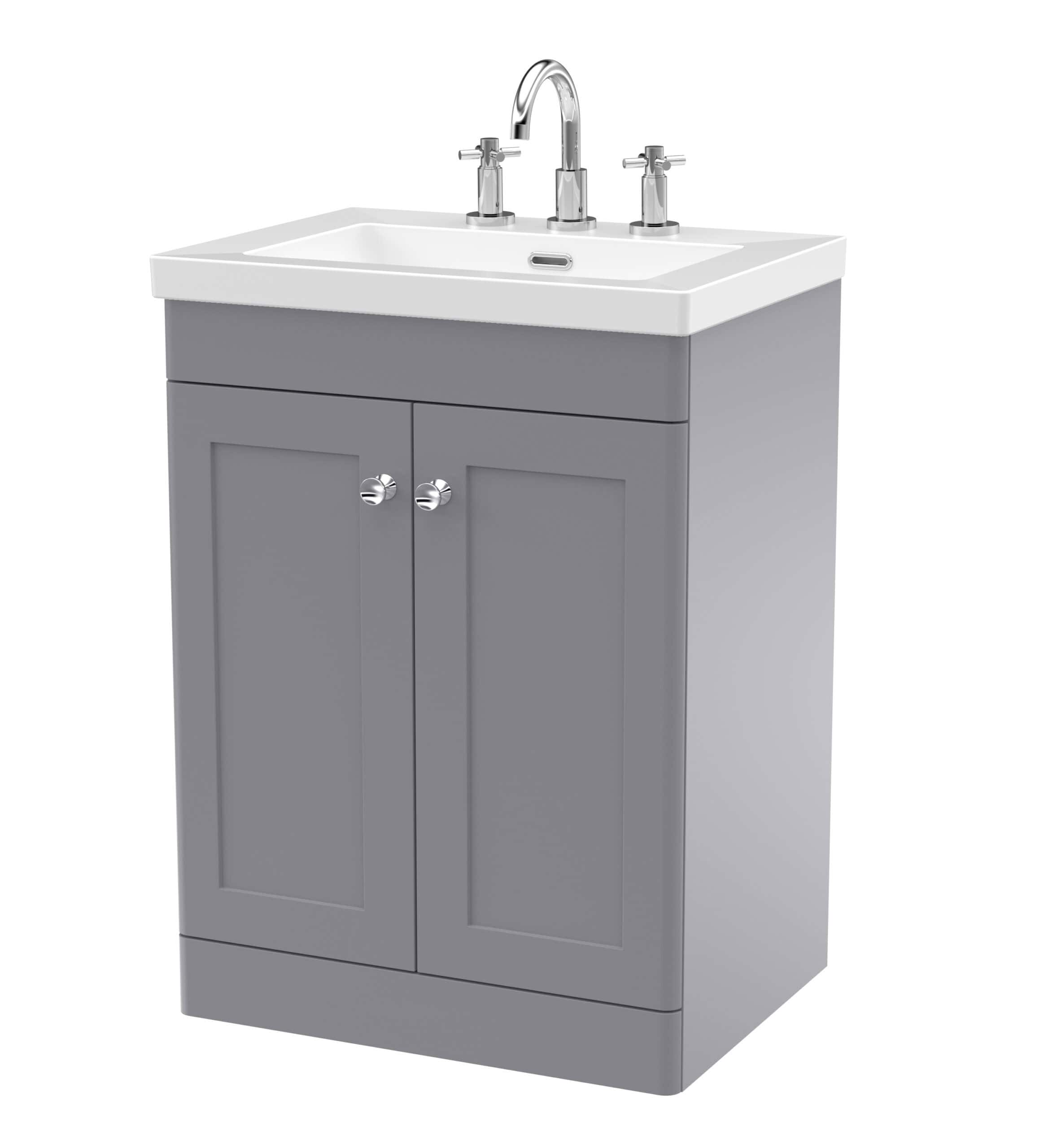 Modern grey bathroom vanity unit with white ceramic sink and chrome tap for elegant bathroom storage and design.