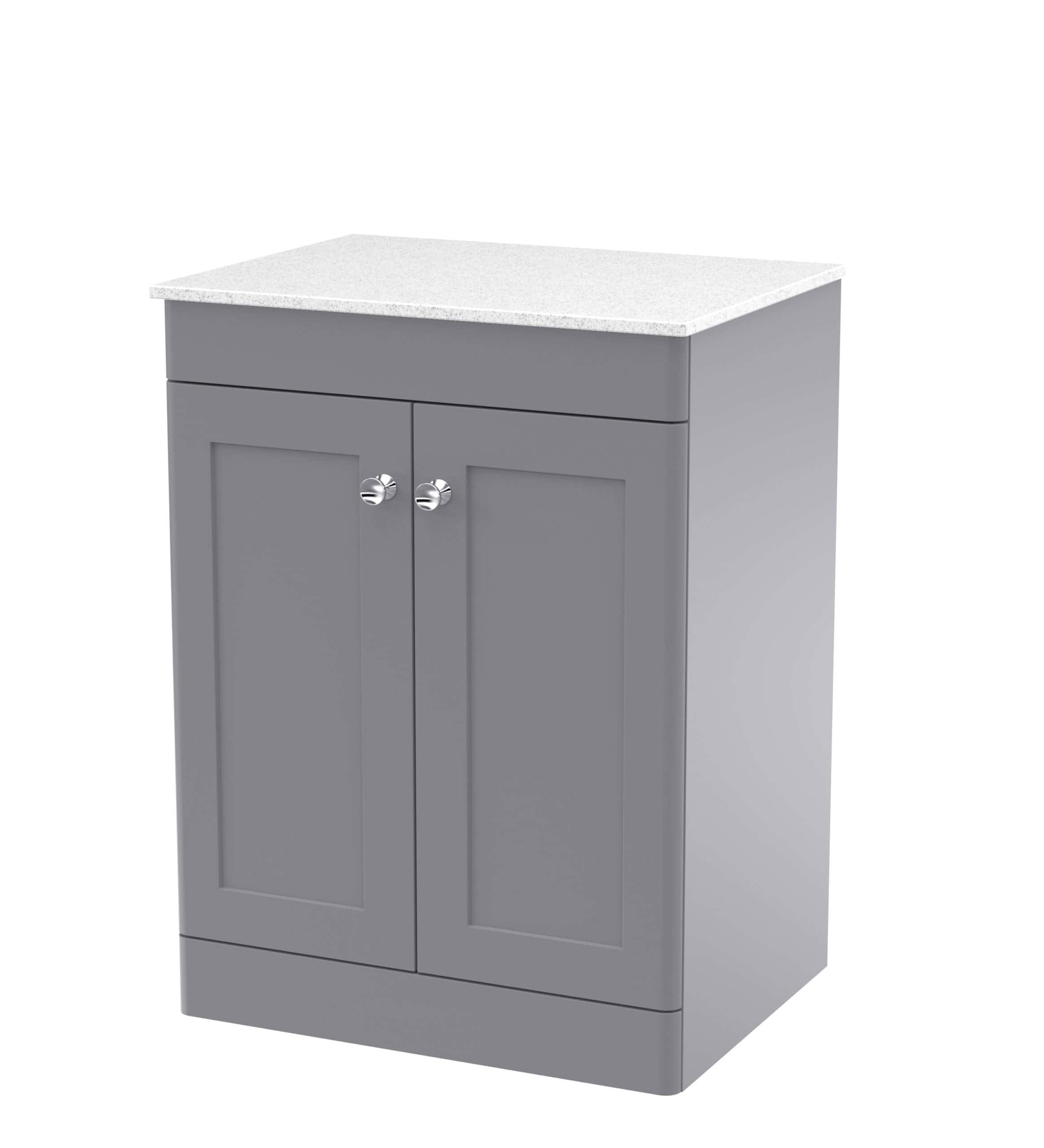 Grey bathroom vanity cabinet with white marble countertop, ideal for modern bathroom storage solutions. Sturdy construction with chrome knobs, perfect for contemporary bathroom decor.
