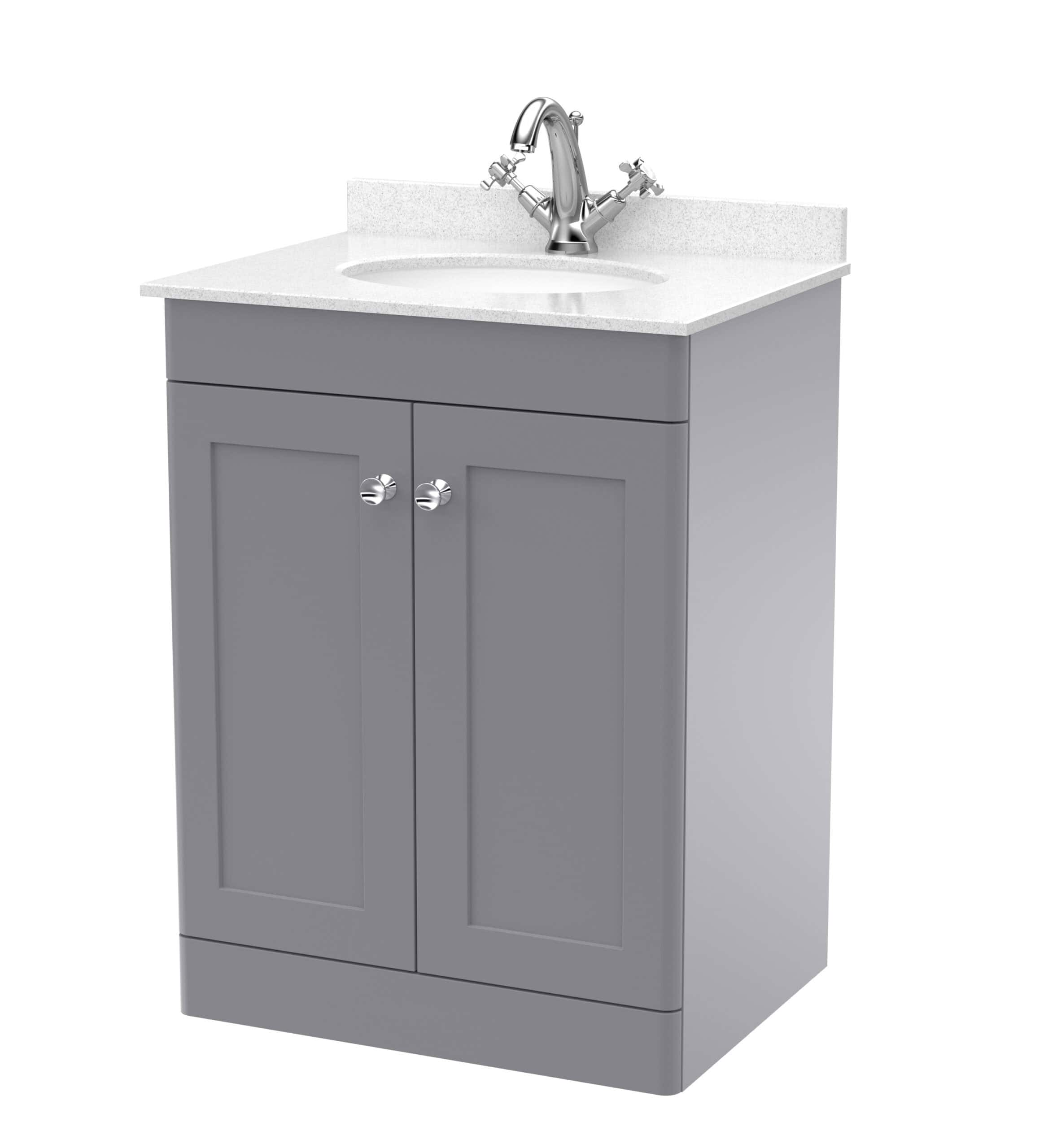 Polished grey bathroom vanity unit with sink, ideal for modern bathroom renovations and fittings, featuring durable materials and stylish design.