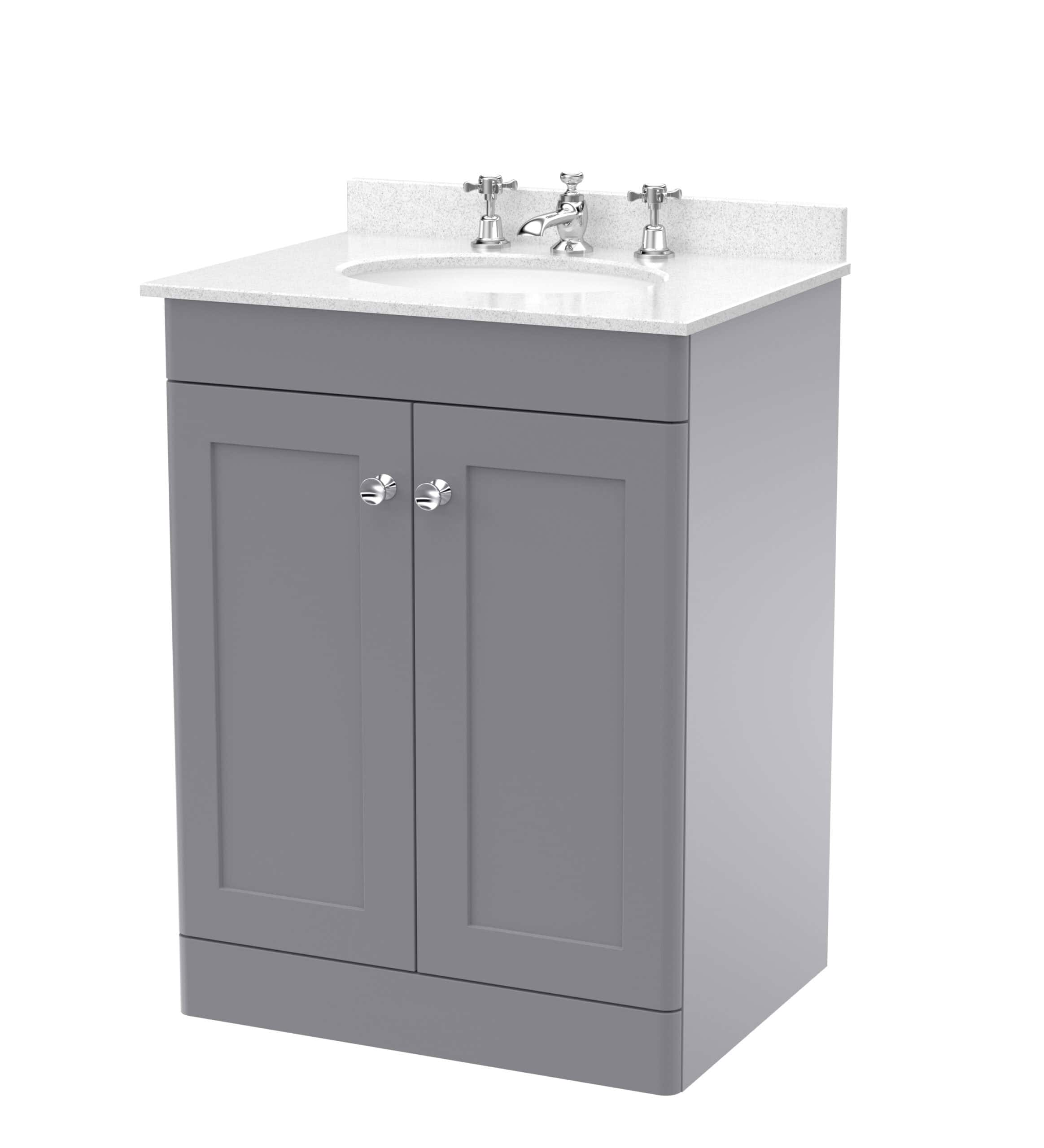 Modern grey bathroom vanity unit with white countertop and integrated sink, perfect for stylish bathroom storage and contemporary bathroom design.
