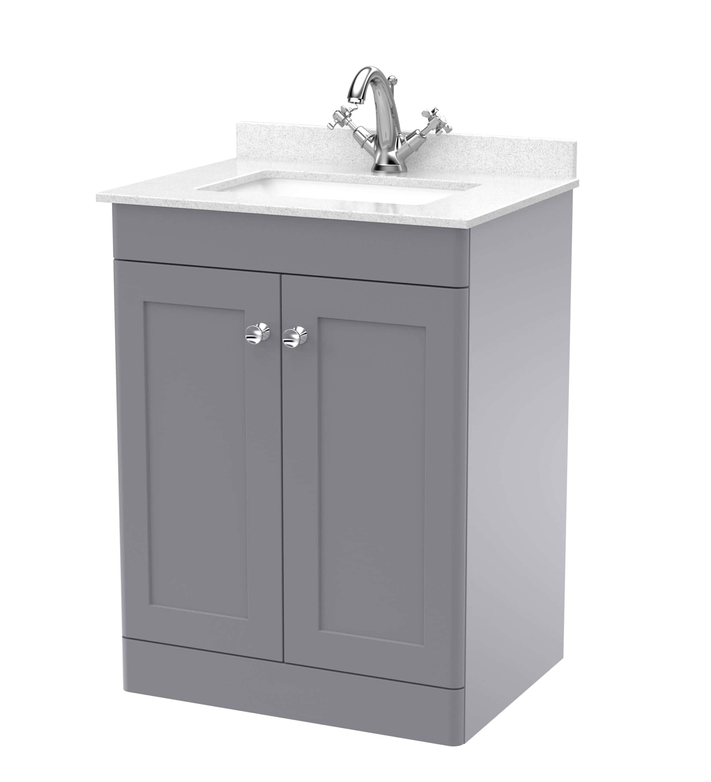 Modern grey bathroom vanity unit with white countertop and chrome taps, ideal for bathroom renovation and stylish storage solutions.