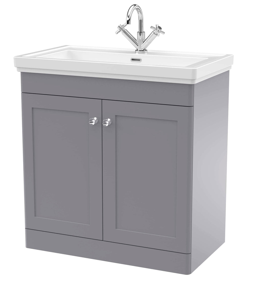Modern grey bathroom vanity unit with integrated sink and chrome tap for stylish and functional bathroom storage. Perfect for contemporary bathroom renovations.