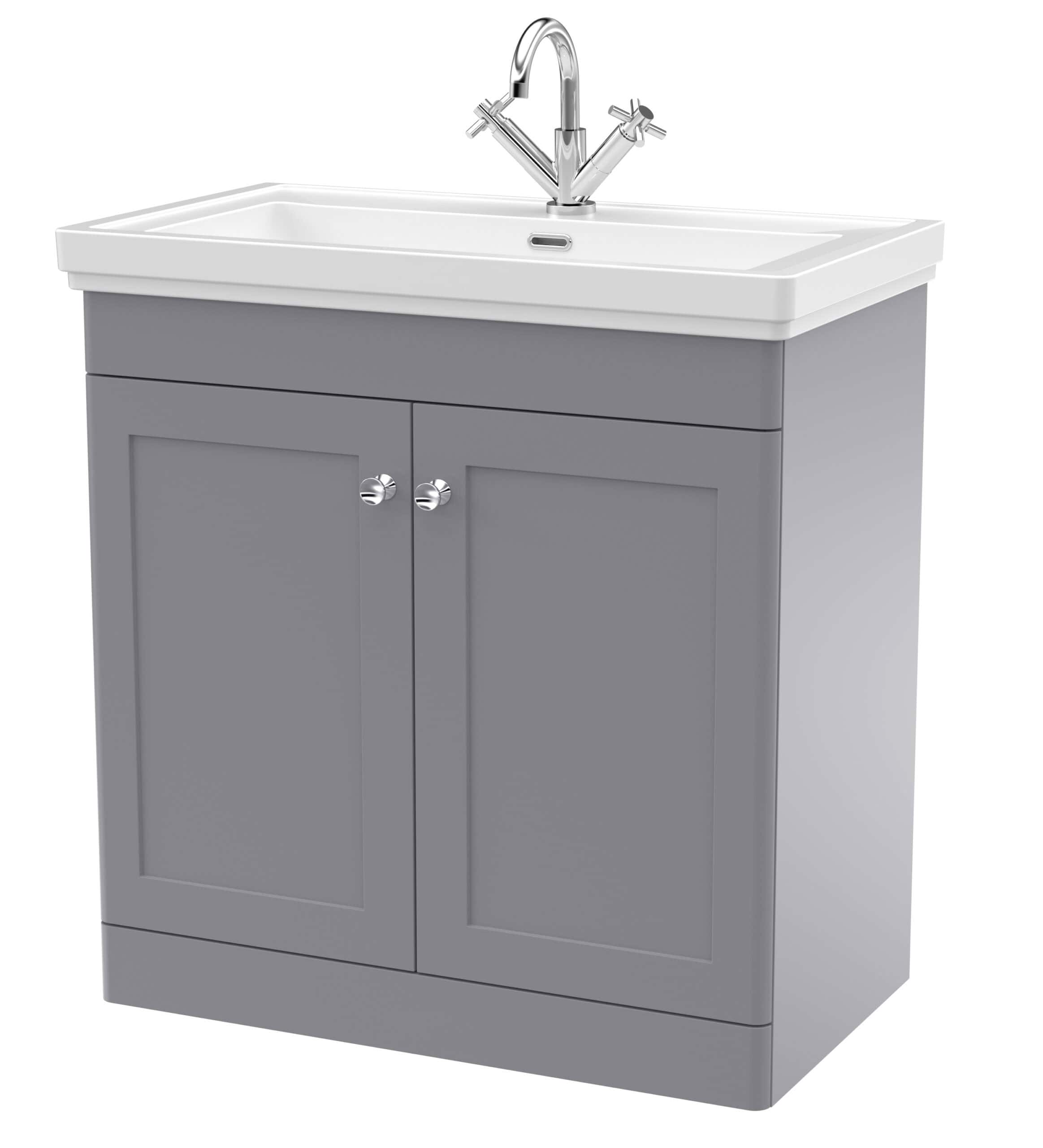 Modern grey bathroom vanity unit with integrated sink and chrome tap for stylish and functional bathroom storage. Perfect for contemporary bathroom renovations.