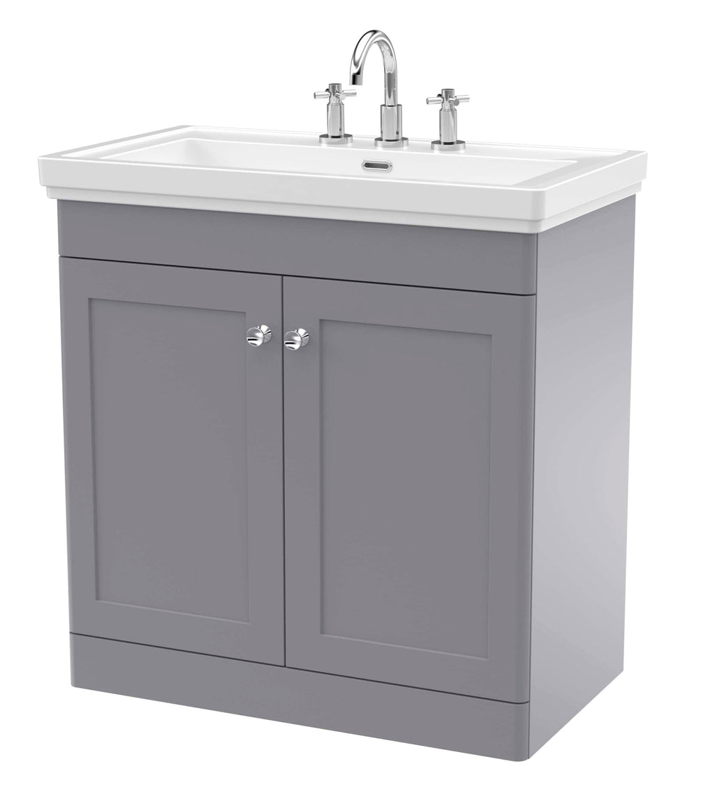 Chrome bathroom vanity sink unit with grey cabinet, ceramic wash basin, and dual tap handles, suitable for modern bathroom interiors. Elegant and functional bathroom furniture.