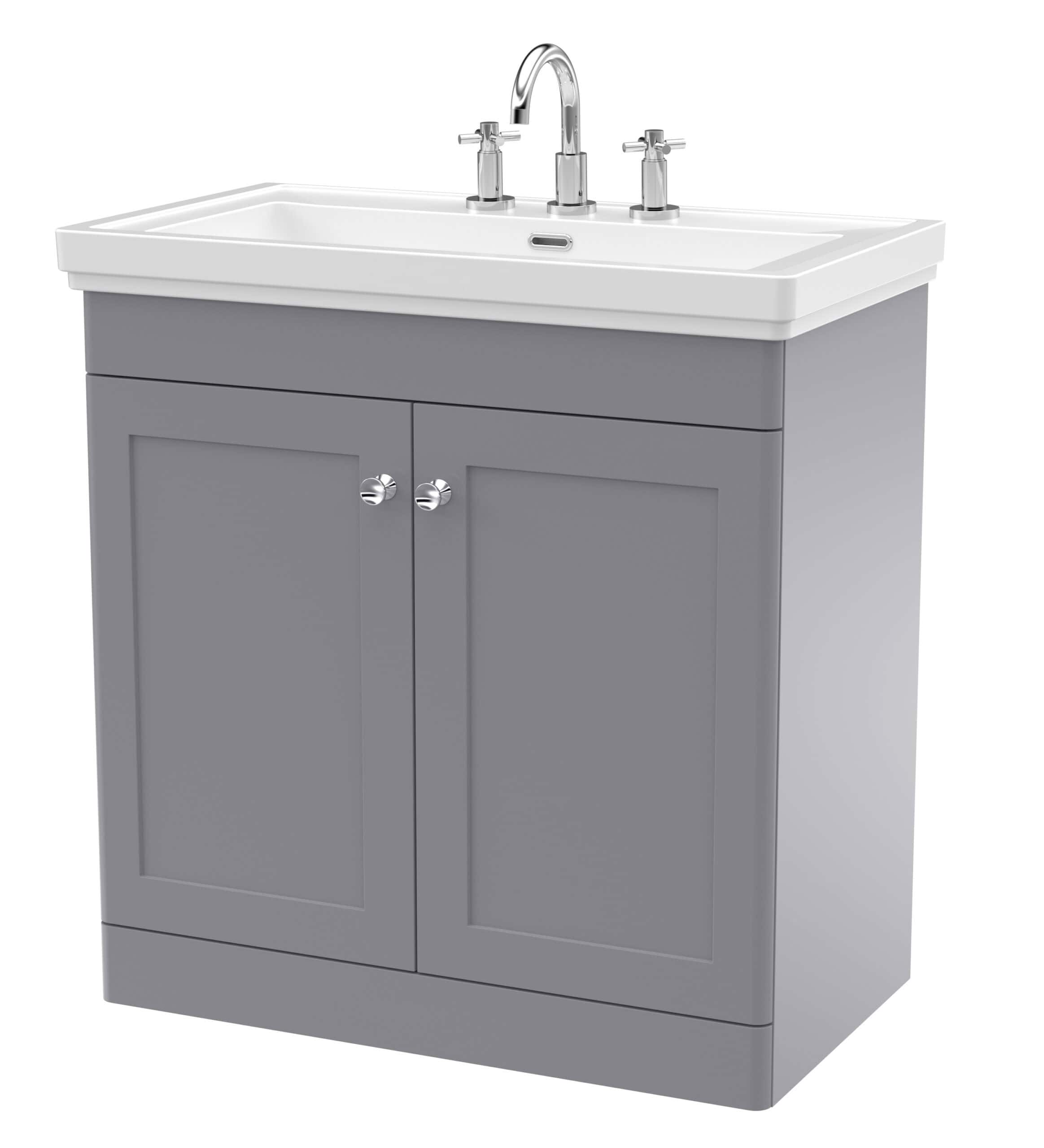 Chrome bathroom vanity sink unit with grey cabinet, ceramic wash basin, and dual tap handles, suitable for modern bathroom interiors. Elegant and functional bathroom furniture.