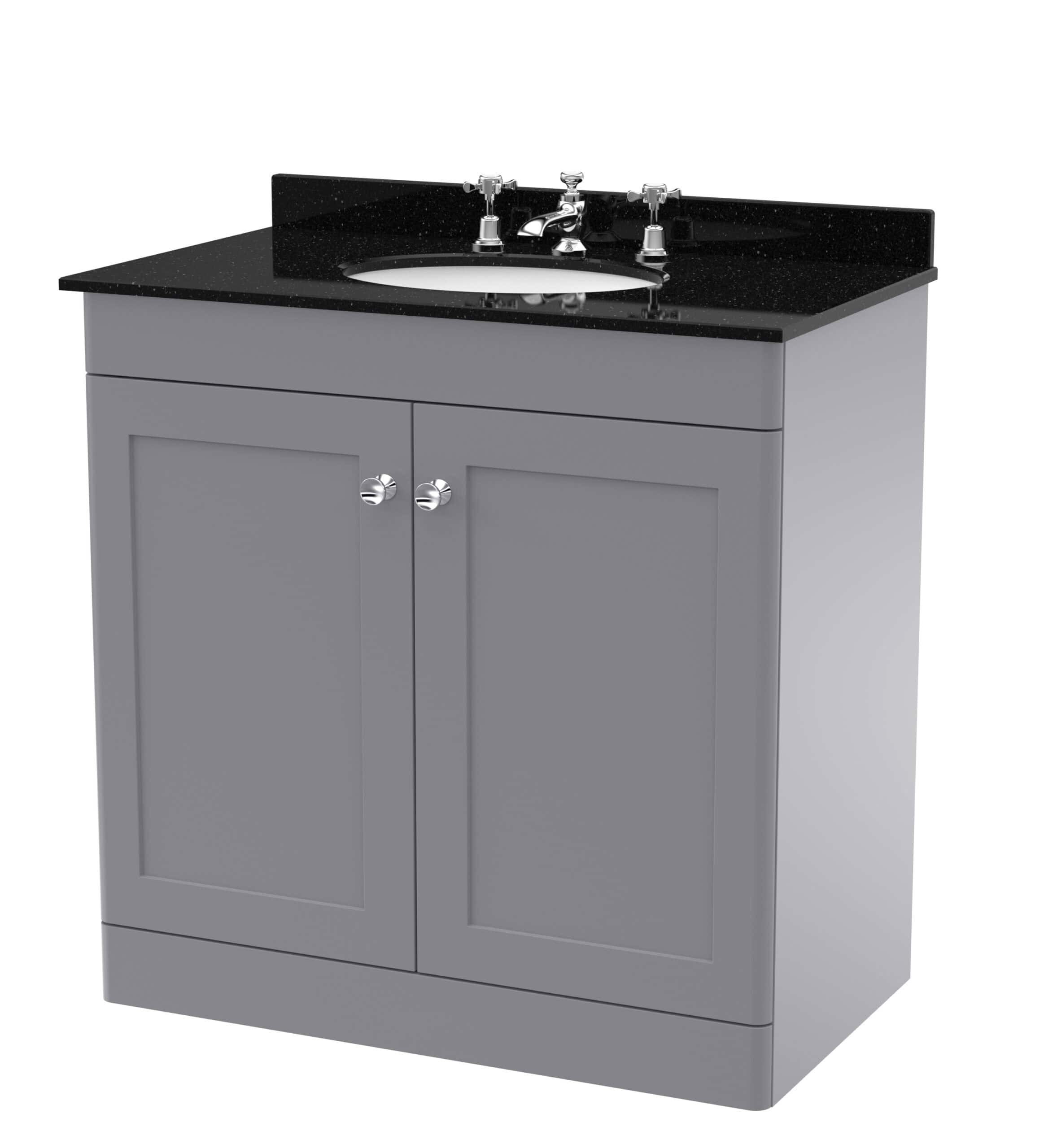 Modern grey bathroom vanity unit with black granite countertop and integrated sink, ideal for contemporary bathroom renovations.