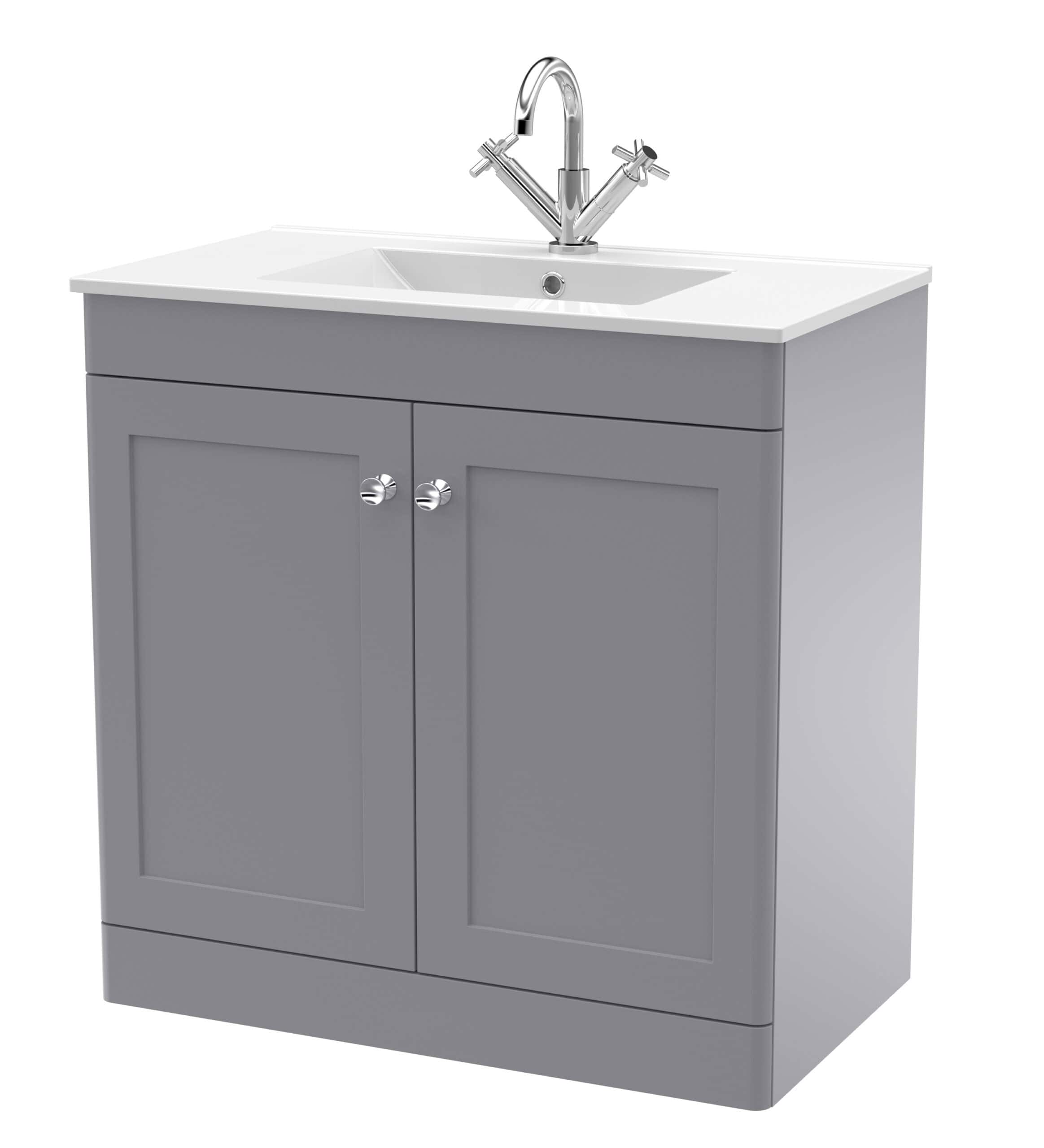 Modern grey bathroom vanity with integrated sink and chrome mixer tap for stylish bathroom storage solutions.