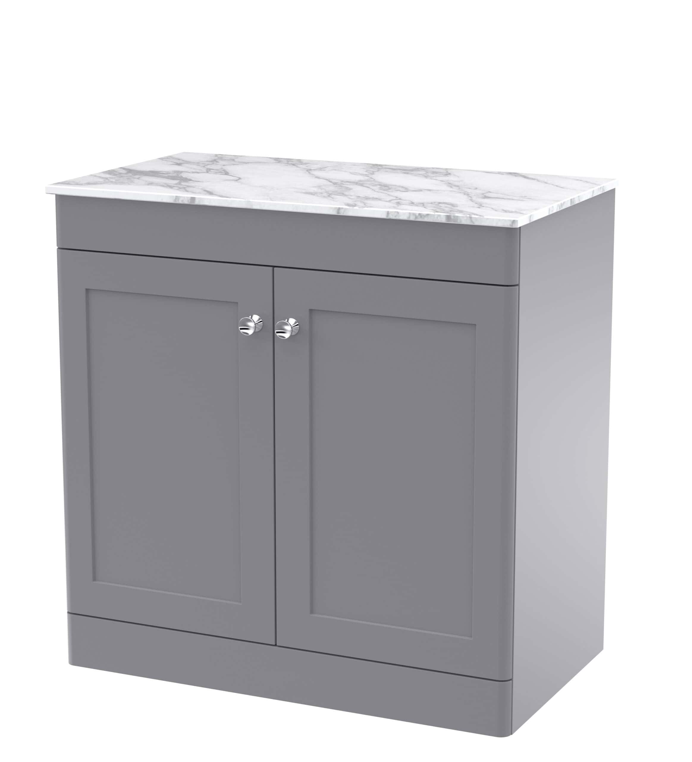 Elegant grey bathroom vanity with a marble countertop, perfect for contemporary bathroom designs and storage solutions.