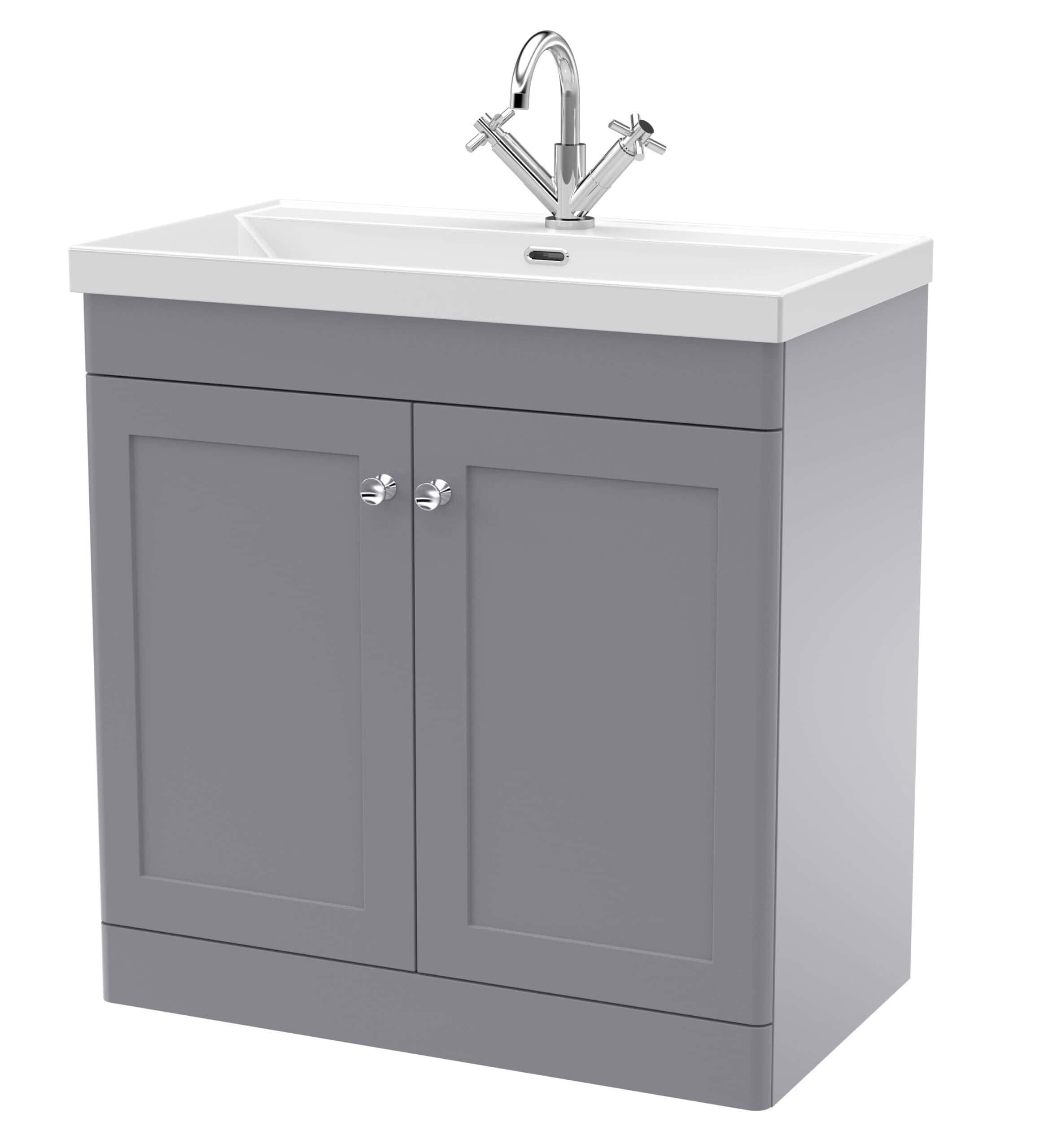 Modern grey bathroom vanity with white ceramic top and chrome faucet, perfect for contemporary bathroom renovation and storage solutions.