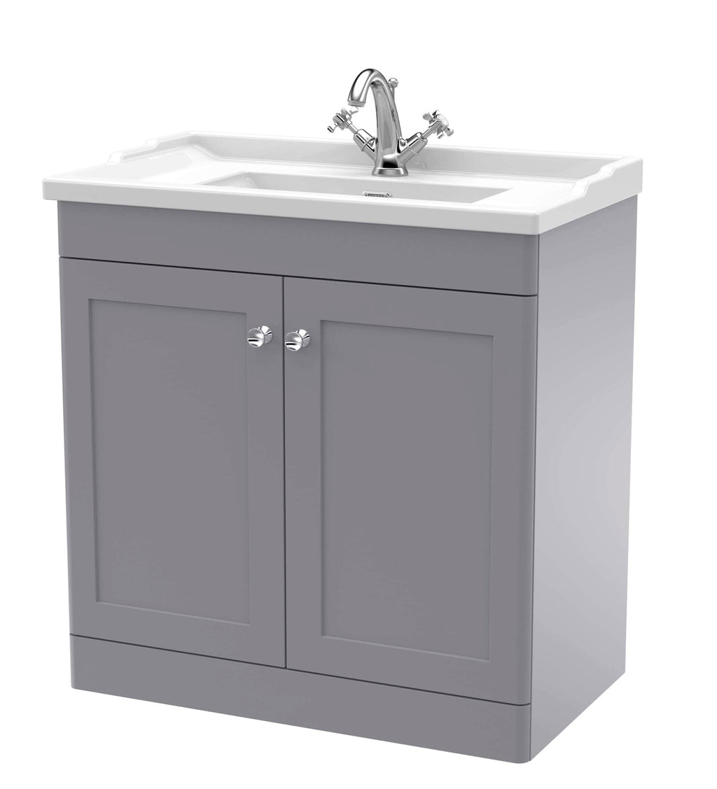 Modern grey bathroom vanity with ceramic sink and chrome tap for stylish bathroom storage and plumbing solutions.
