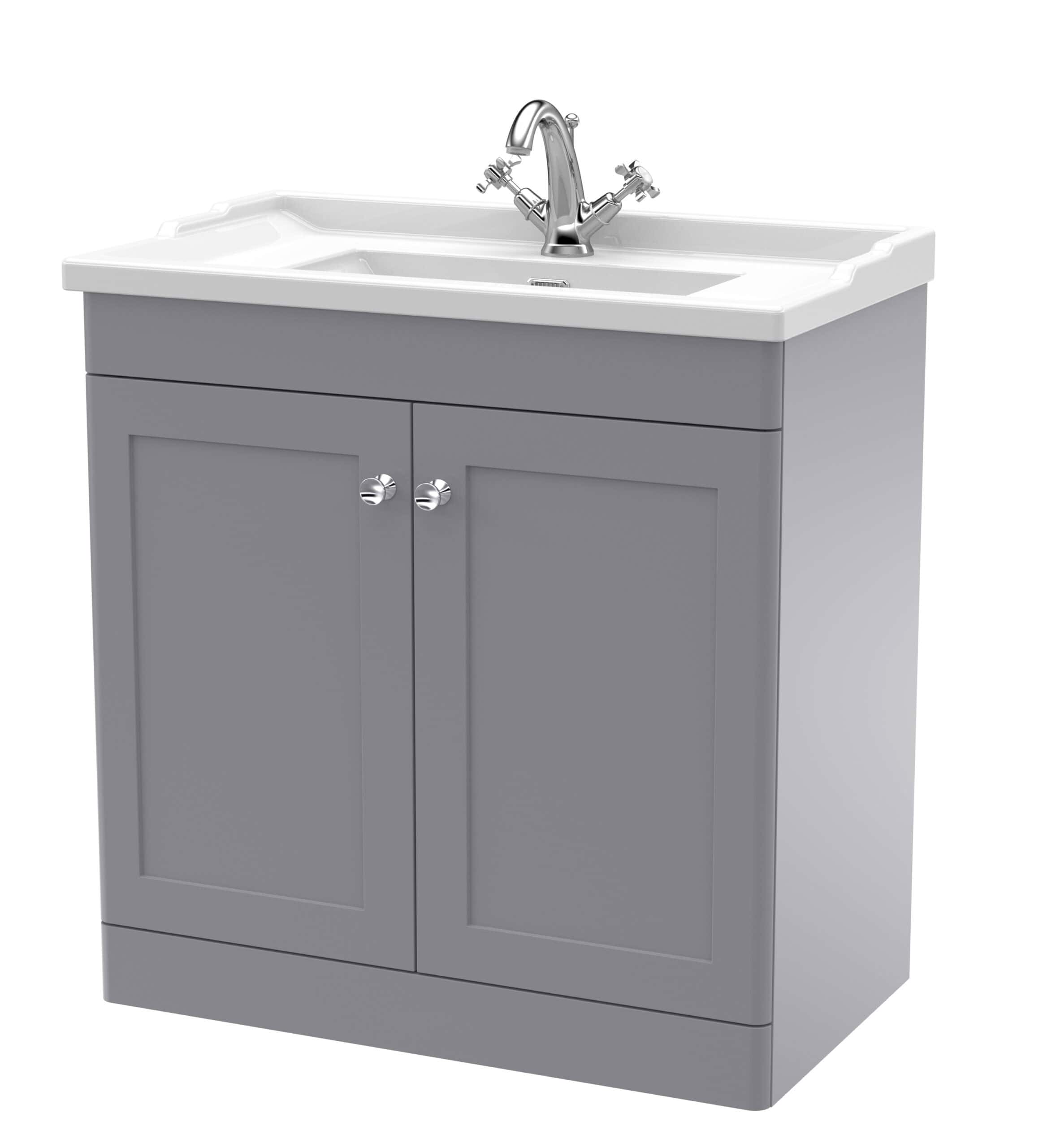 Modern grey bathroom vanity with ceramic sink and chrome tap for stylish bathroom storage and plumbing solutions.