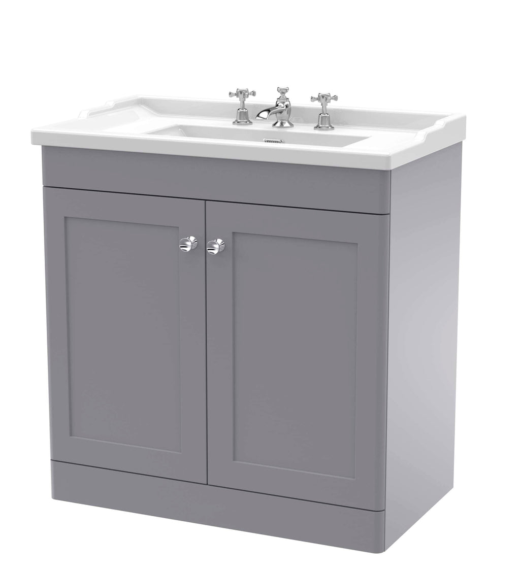 Polished grey bathroom vanity with white ceramic sink and chrome tap fittings, ideal for contemporary bathroom interiors.