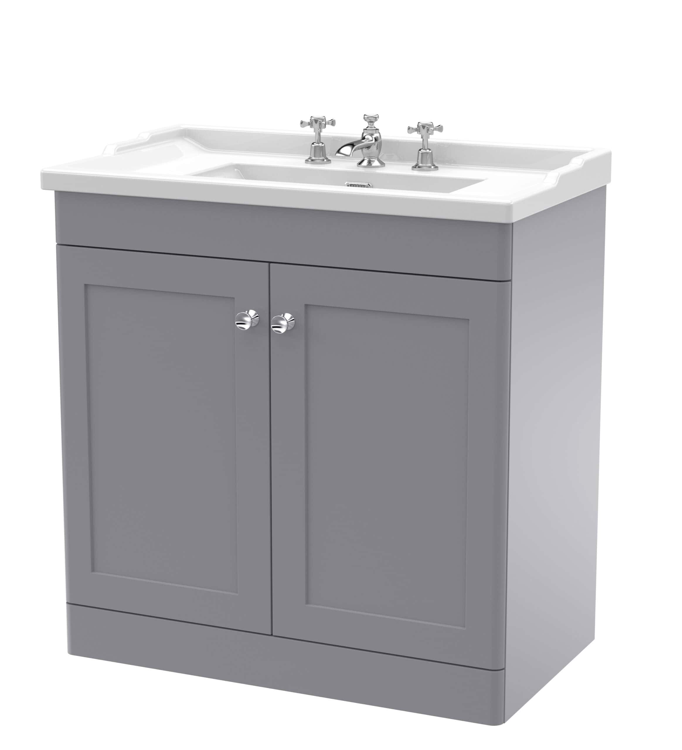 Polished grey bathroom vanity with white ceramic sink and chrome tap fittings, ideal for contemporary bathroom interiors.