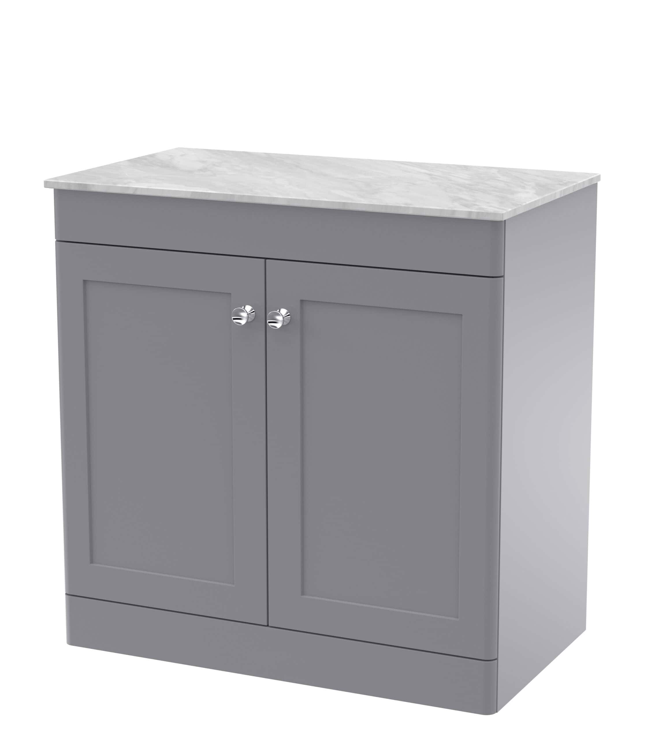 Solid grey bathroom vanity with marble countertop, modern design, ample storage space, perfect for stylish and functional bathroom renovation. Suitable for contemporary bathroom interiors.