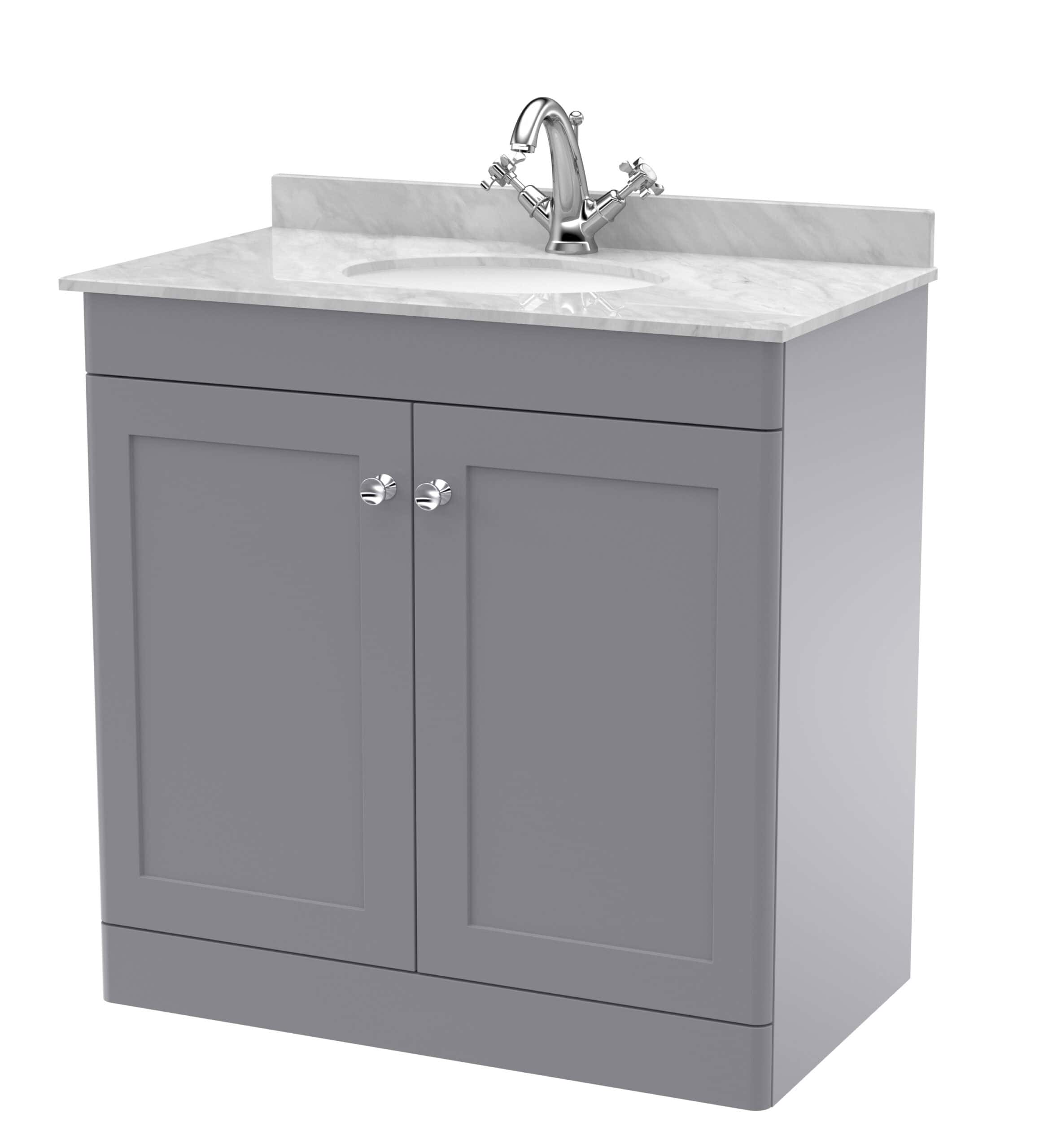 Modern grey bathroom vanity with marble countertop and chrome tap, ideal for bathroom renovation and fitting. Perfect for stylish and functional bathroom furniture.