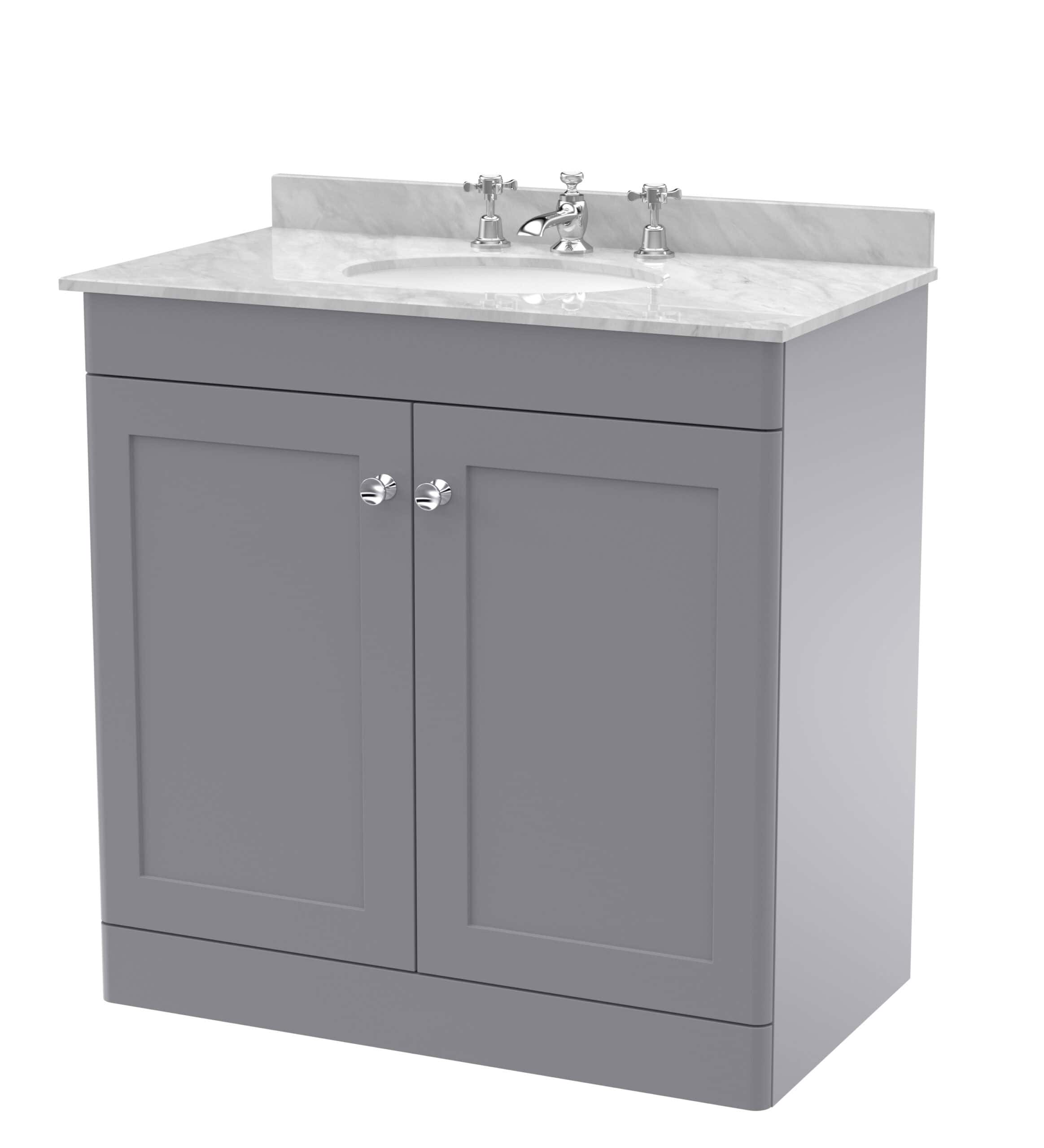 Polished grey bathroom vanity unit with marble countertop and integrated sink, ideal for modern bathroom decor. Durable cabinetry with chrome knobs offers ample storage space.