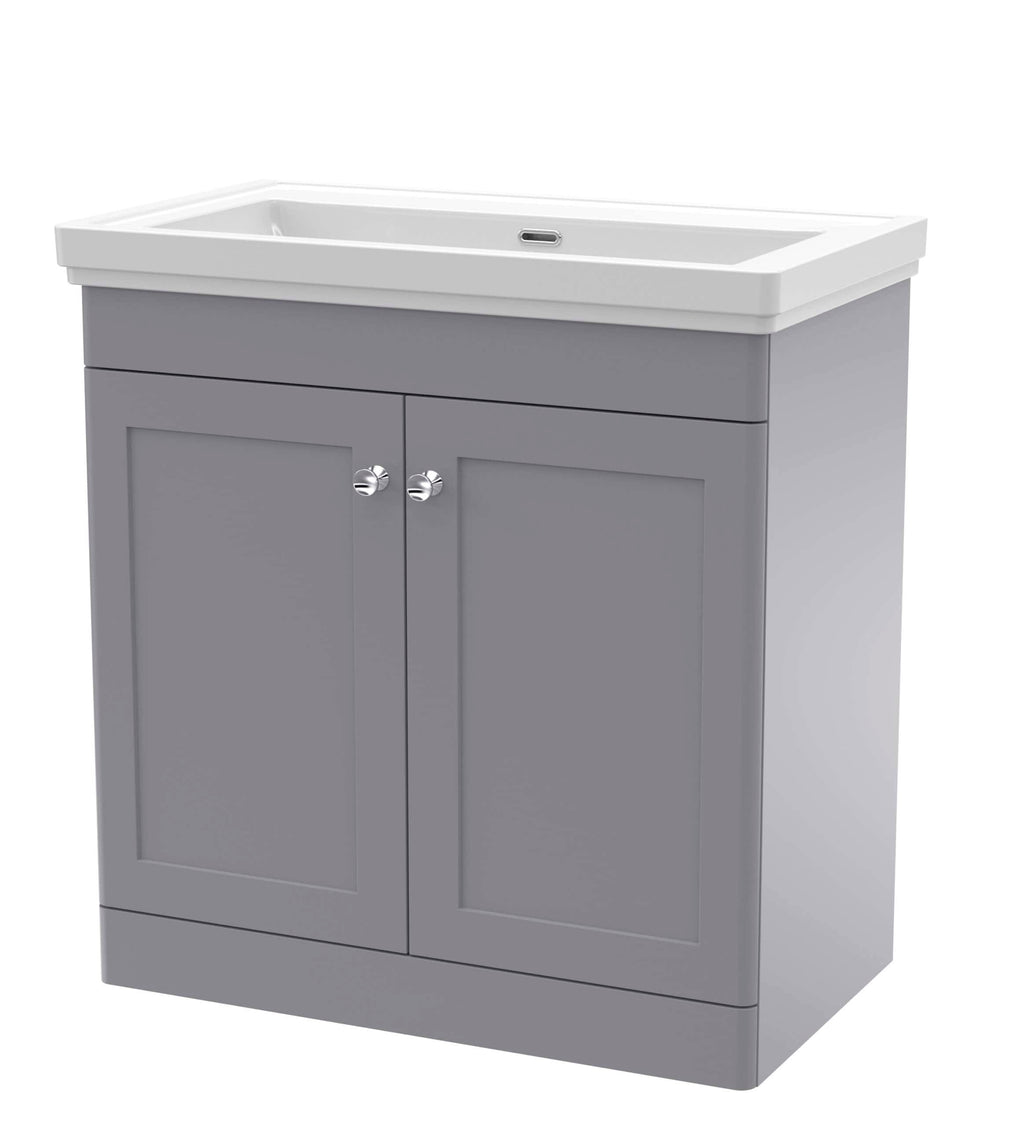 Modern grey bathroom vanity with integrated sink for stylish bathroom storage solutions. Crafted for durability and contemporary bathroom aesthetics. Perfect for small or large bathrooms.