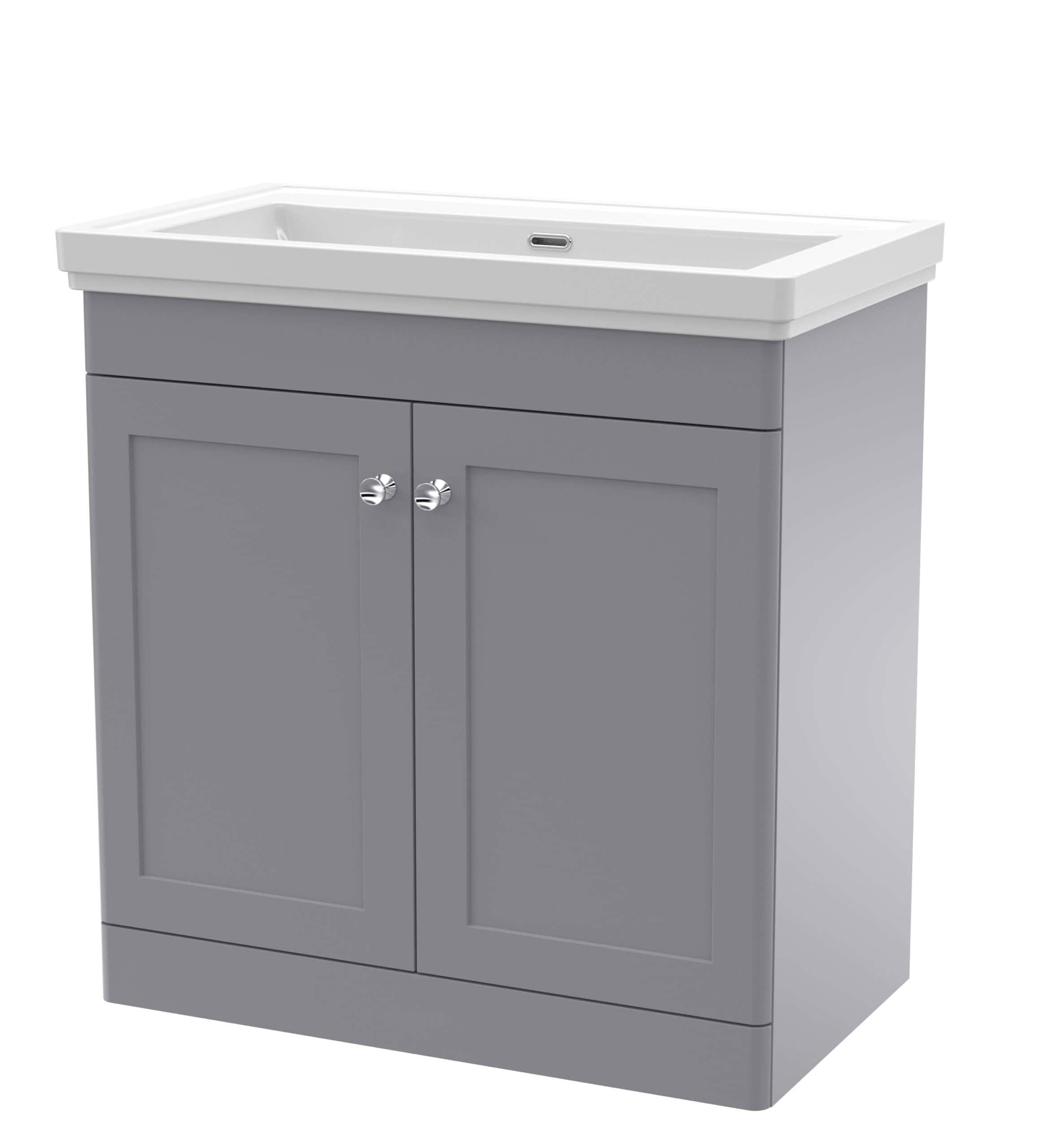 Modern grey bathroom vanity with integrated sink for stylish bathroom storage solutions. Crafted for durability and contemporary bathroom aesthetics. Perfect for small or large bathrooms.