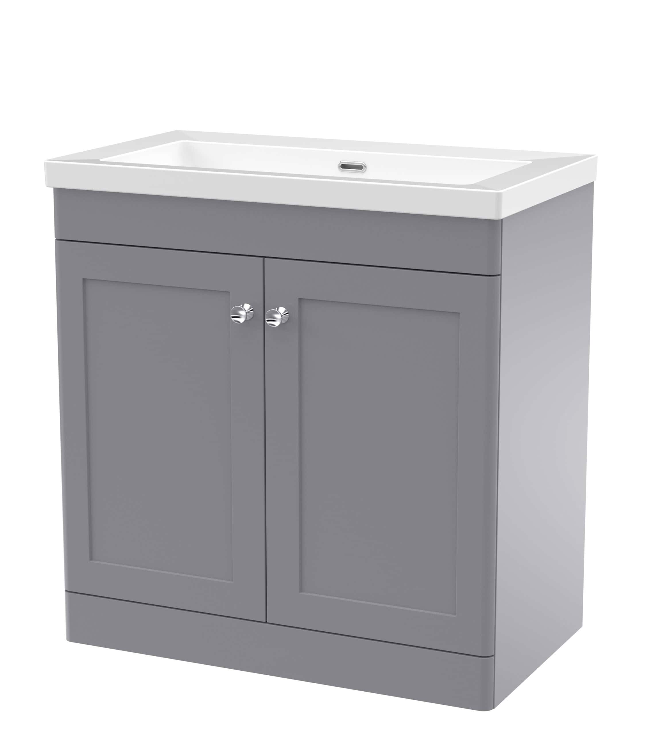 Modern grey bathroom vanity with integrated sink, ideal for contemporary bathroom design and storage solutions. Perfect for updating your bathroom with style and functionality.