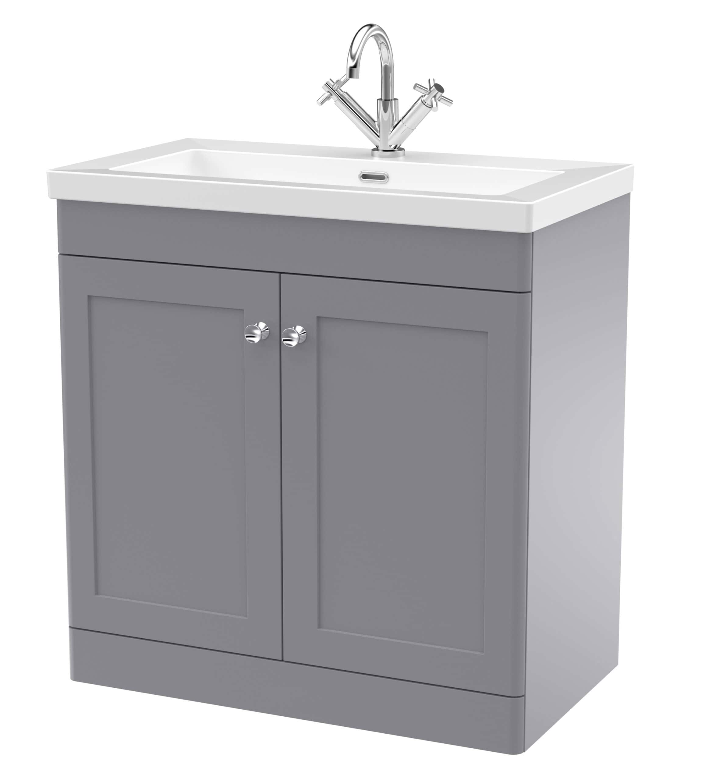 Modern grey bathroom vanity unit with sink and chrome tap for stylish bathroom decor.