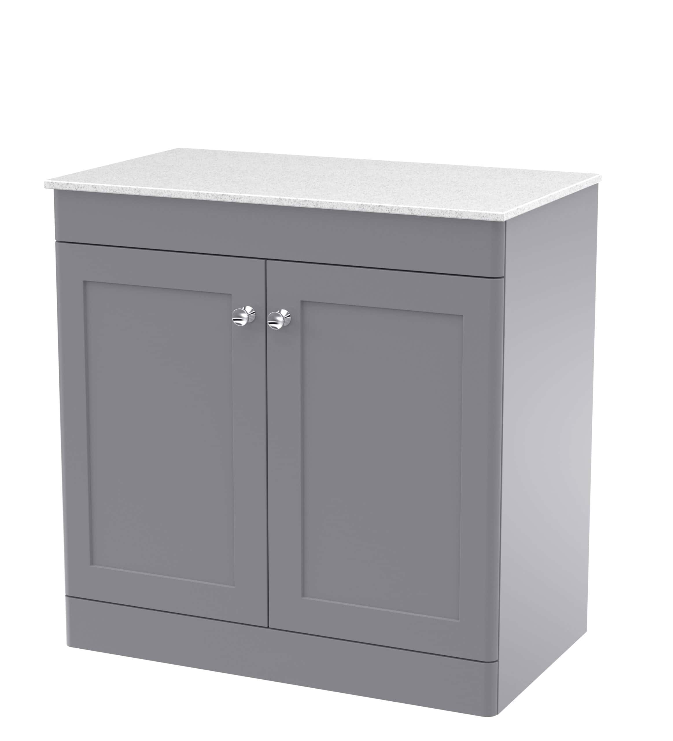 Modern grey bathroom vanity cabinet with white speckled countertop, perfect for stylish bathroom storage solutions. Durable and elegant for contemporary bathroom decor.