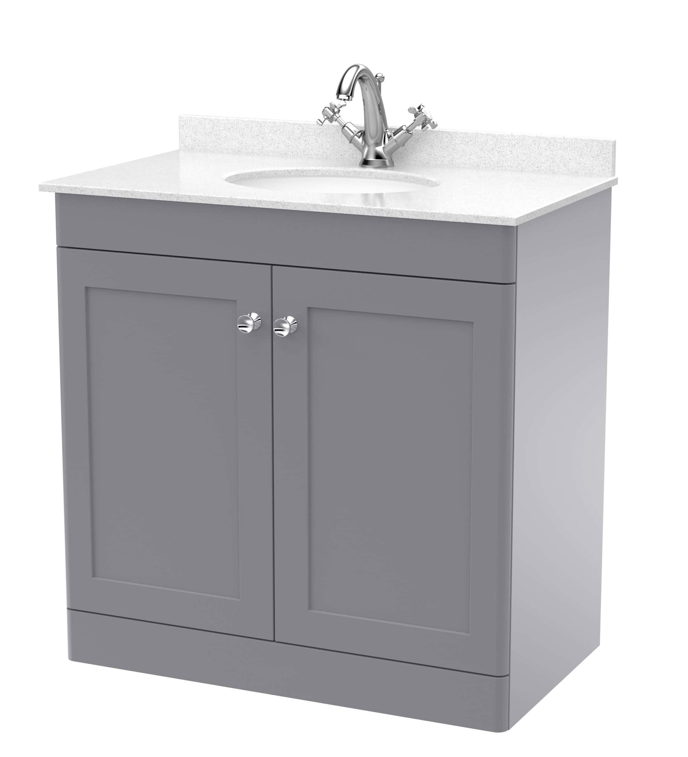 Sleek grey bathroom vanity with built-in sink and chrome taps, ideal for contemporary bathroom designs and storage solutions. Perfect for stylish bathroom upgrades.