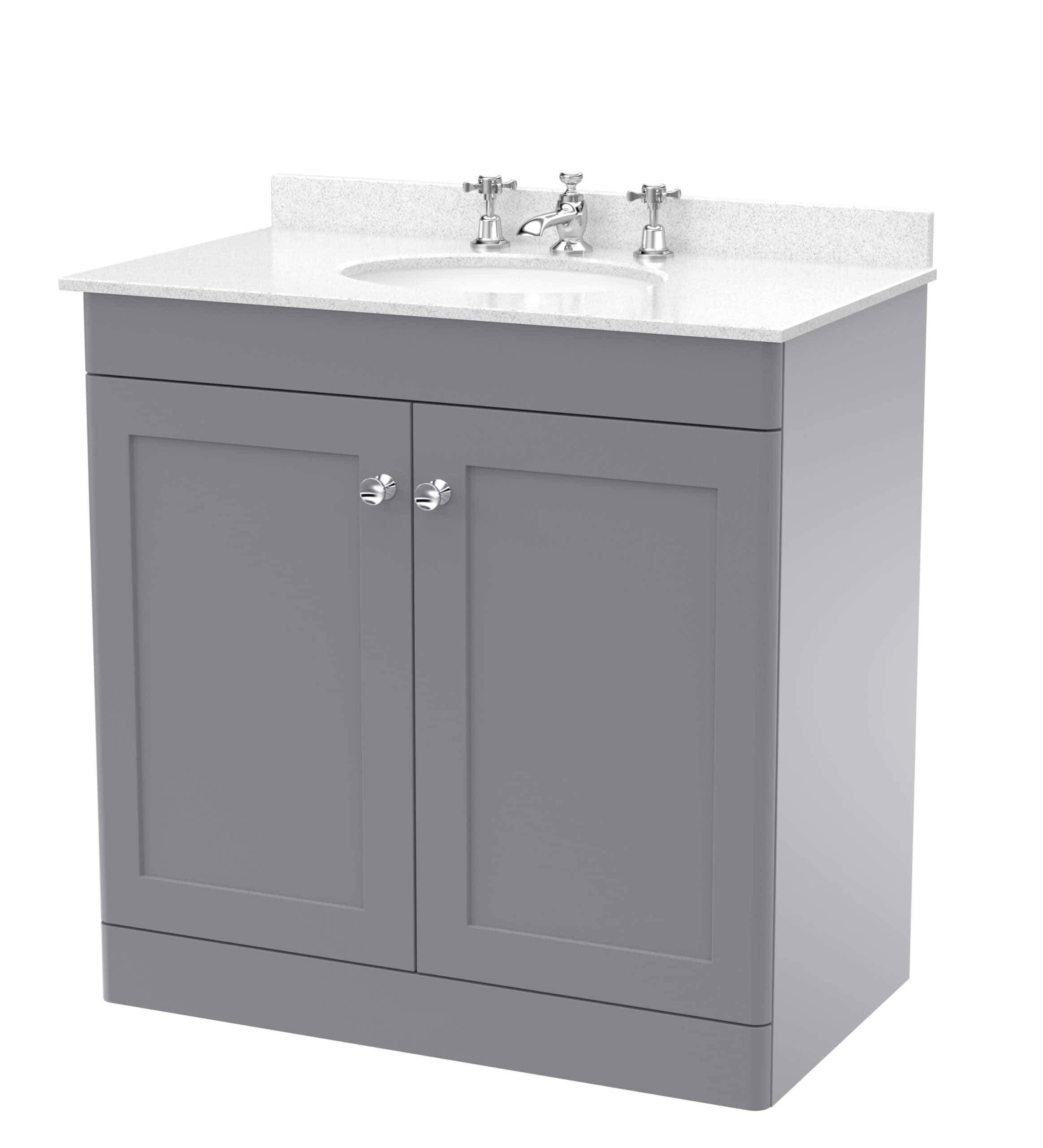 Sleek grey bathroom vanity unit with white countertop and integrated sink, perfect for modern bathrooms and washrooms, combining style and functionality.