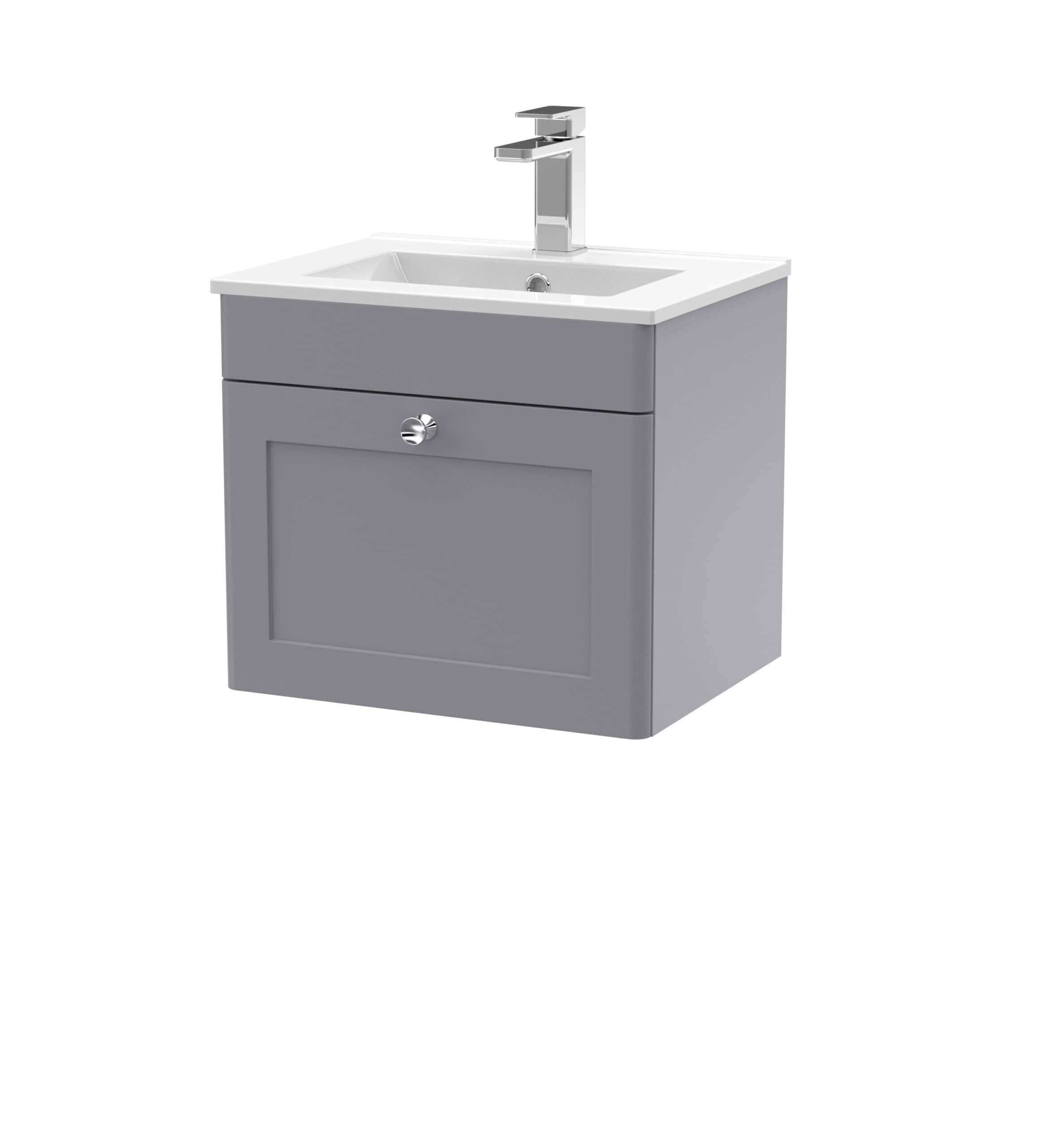 Modern bathroom vanity unit with a built-in sink and chrome faucet. Ideal for contemporary bathroom interiors, offering functional storage space. The grey finish complements a variety of bathroom decor styles.