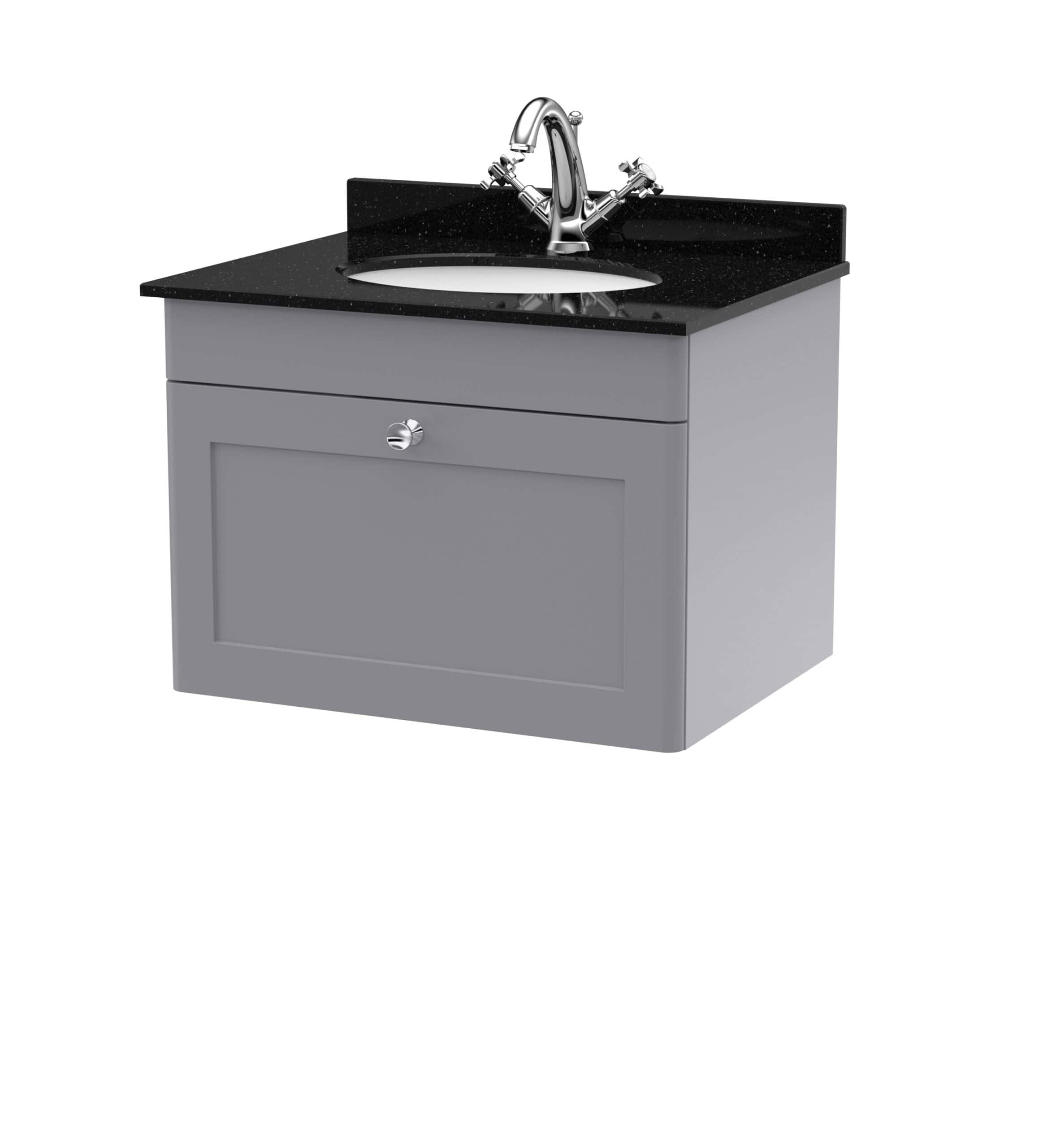 Polished bathroom vanity unit with black countertop and chrome sink tap, perfect for modern bathroom designs focusing on style and functionality.