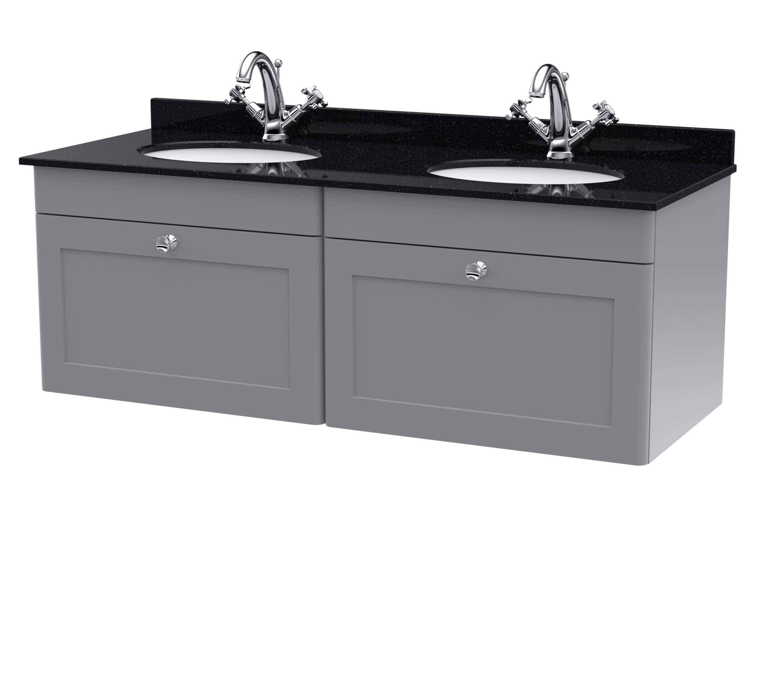 Polished grey bathroom vanity with dual sinks, black granite countertop, and chrome fixtures ideal for modern bathroom design.