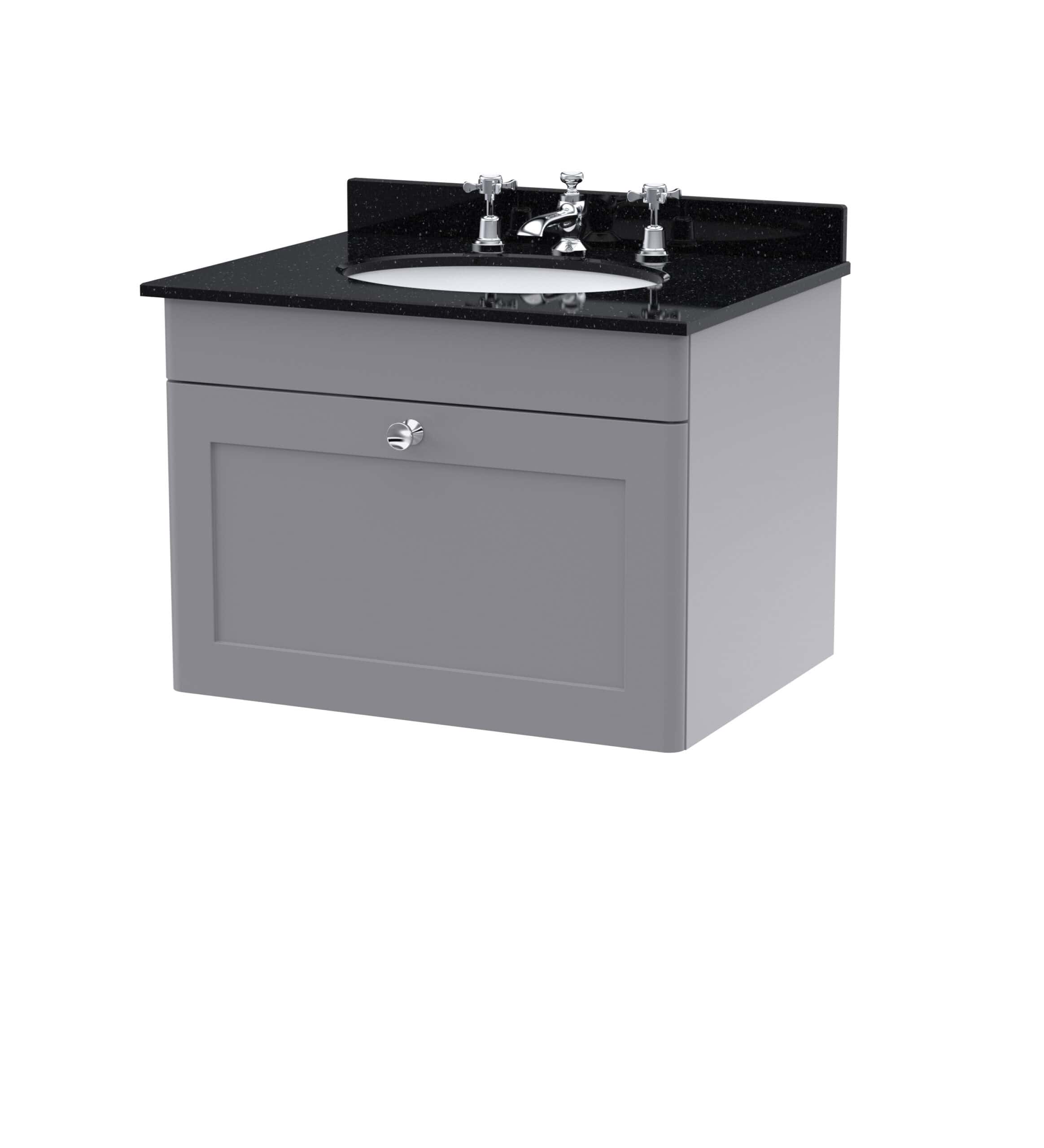 Polished grey bathroom vanity with black granite countertop and built-in sink, modern bathroom furniture for contemporary bathroom designs.