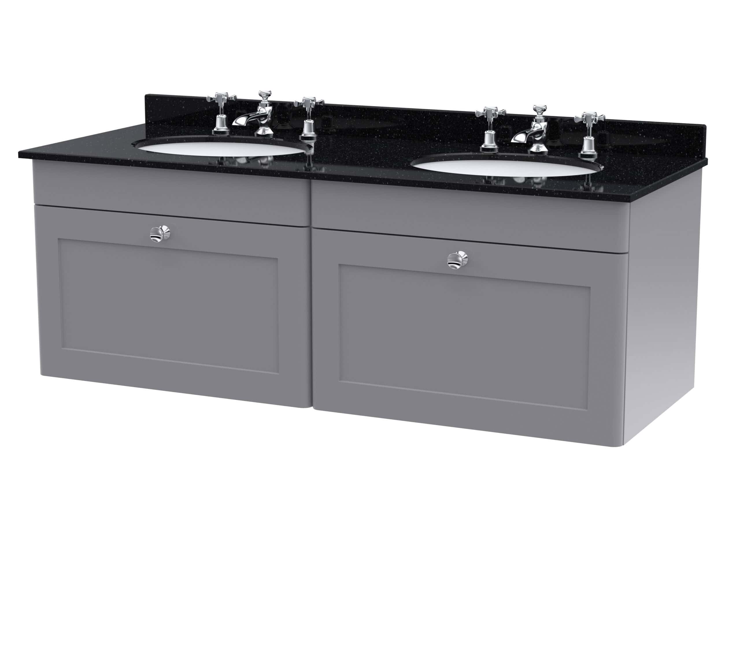 Polished grey double bathroom vanity with black granite countertop, two oval sinks, and chrome fixtures, ideal for modern bathroom design.