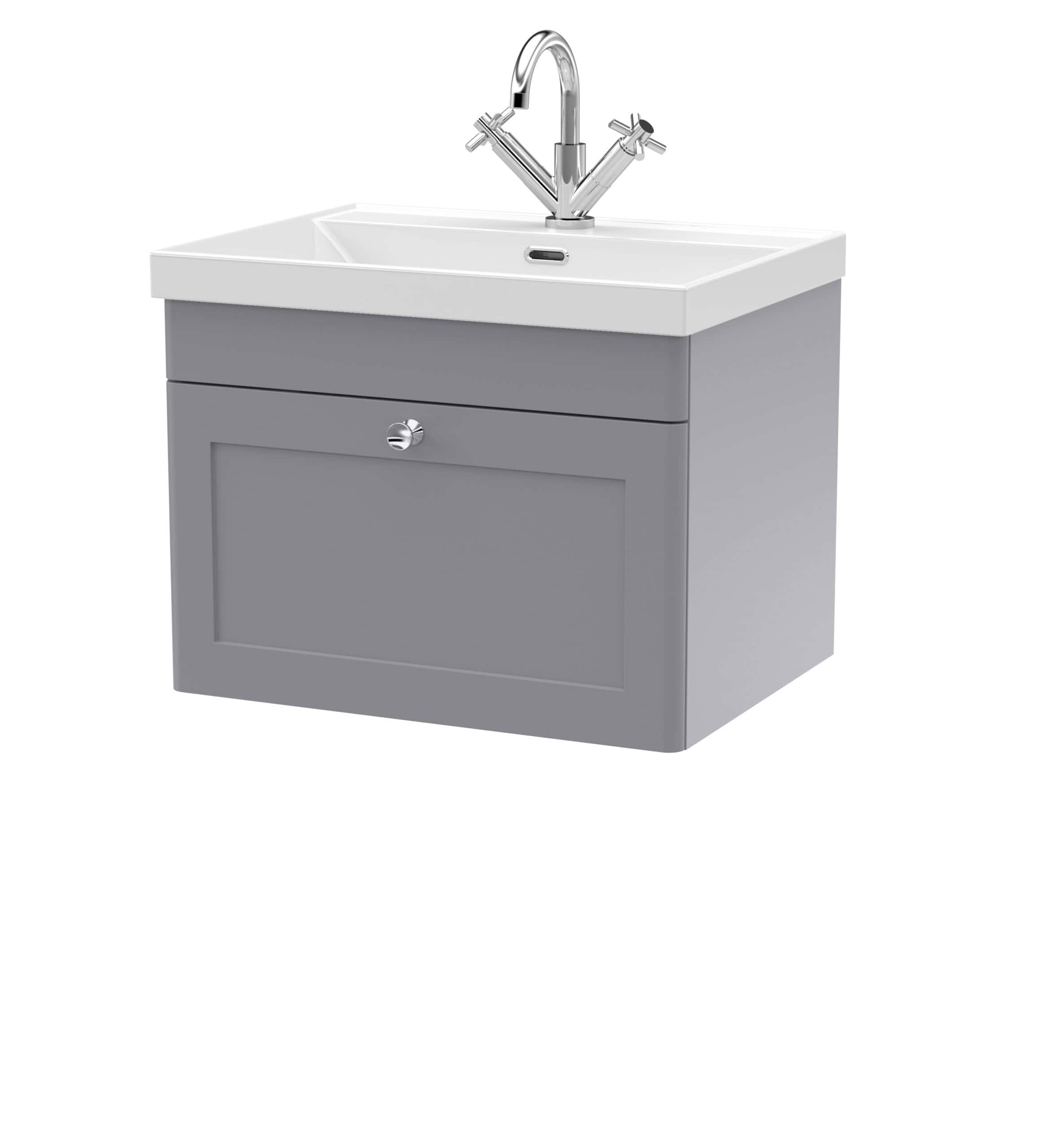 Modern bathroom vanity with integrated sink, grey cabinetry, and chrome fixtures, ideal for stylish bathroom renovation and storage solutions.