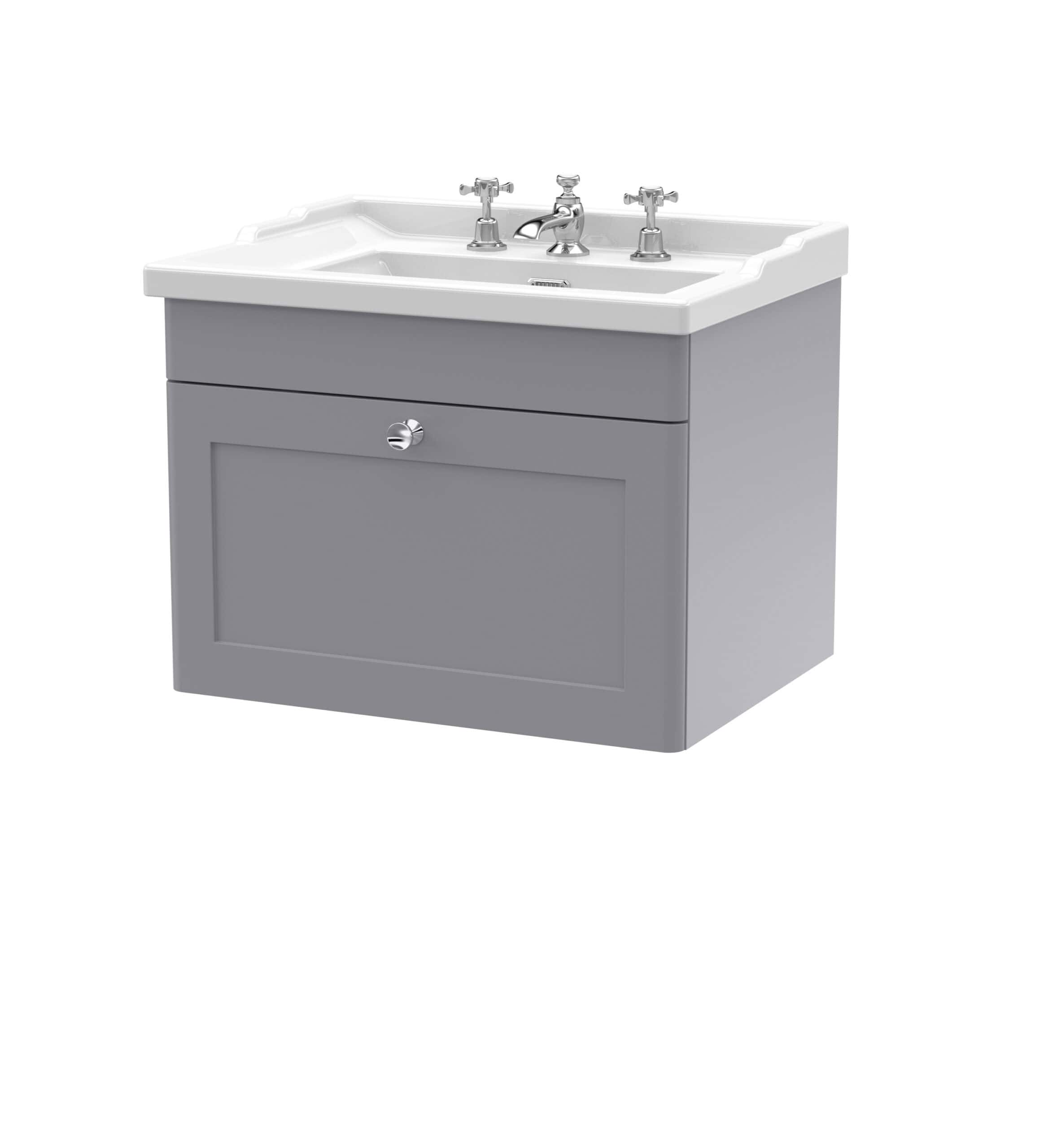 Polished grey bathroom vanity unit with ceramic sink and chrome taps, ideal for modern bathroom renovation. Perfect for stylish and functional bathroom storage solutions.
