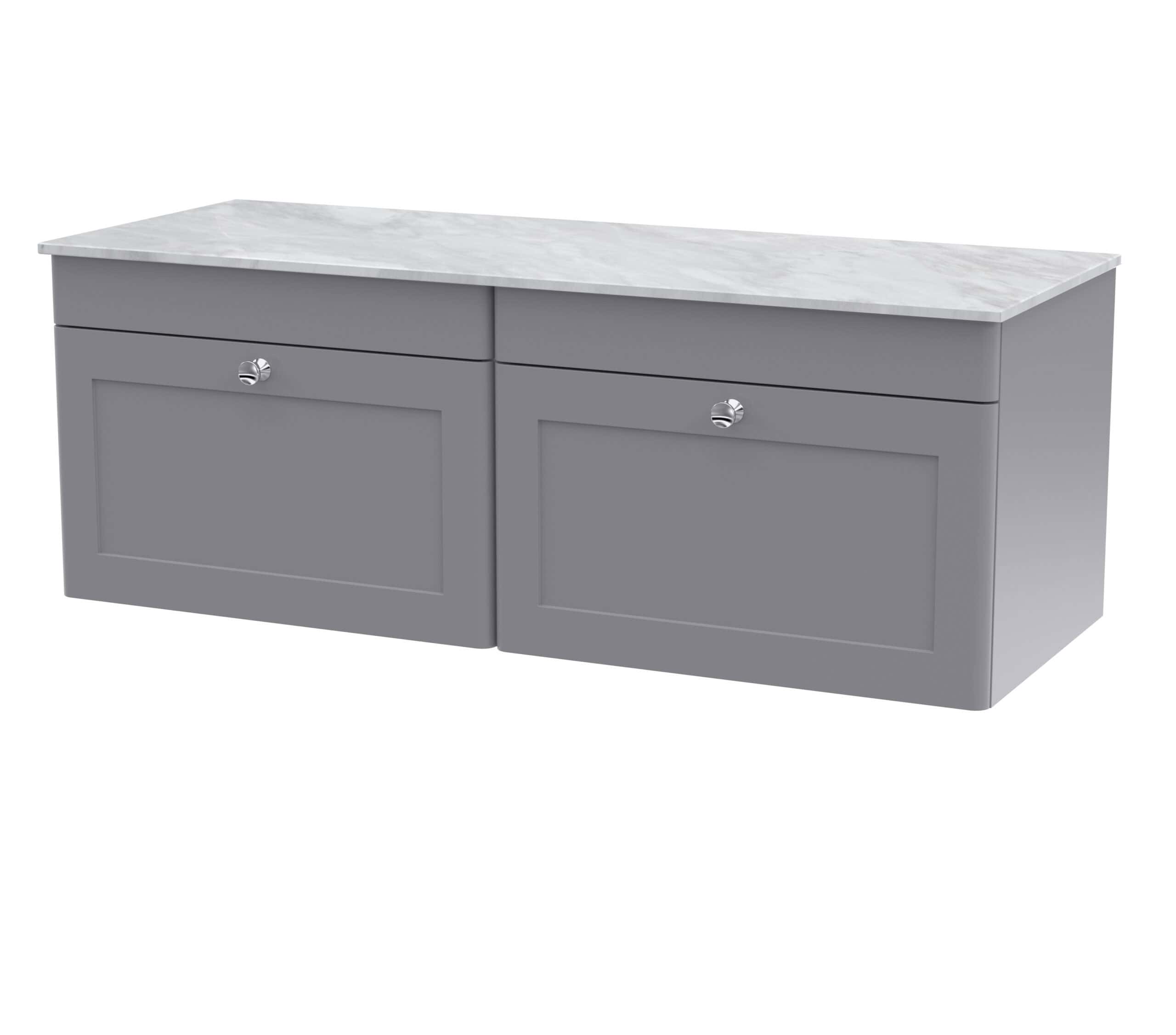 Grey bathroom wall-mounted storage cabinet with marble top, modern design, ideal for bathroom organisation and decor.