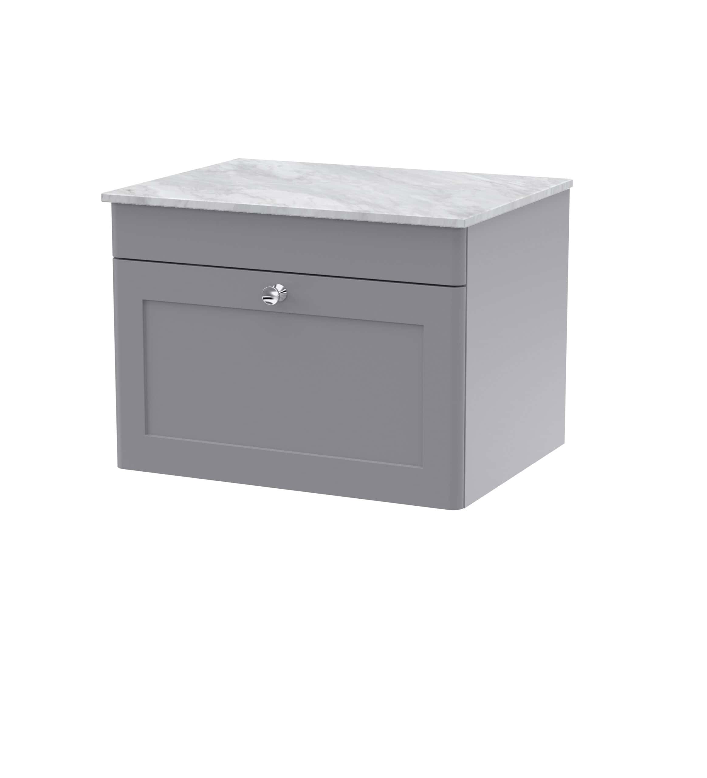 Contemporary grey bathroom cabinet with marble countertop and storage drawer, ideal for modern bathroom decor.