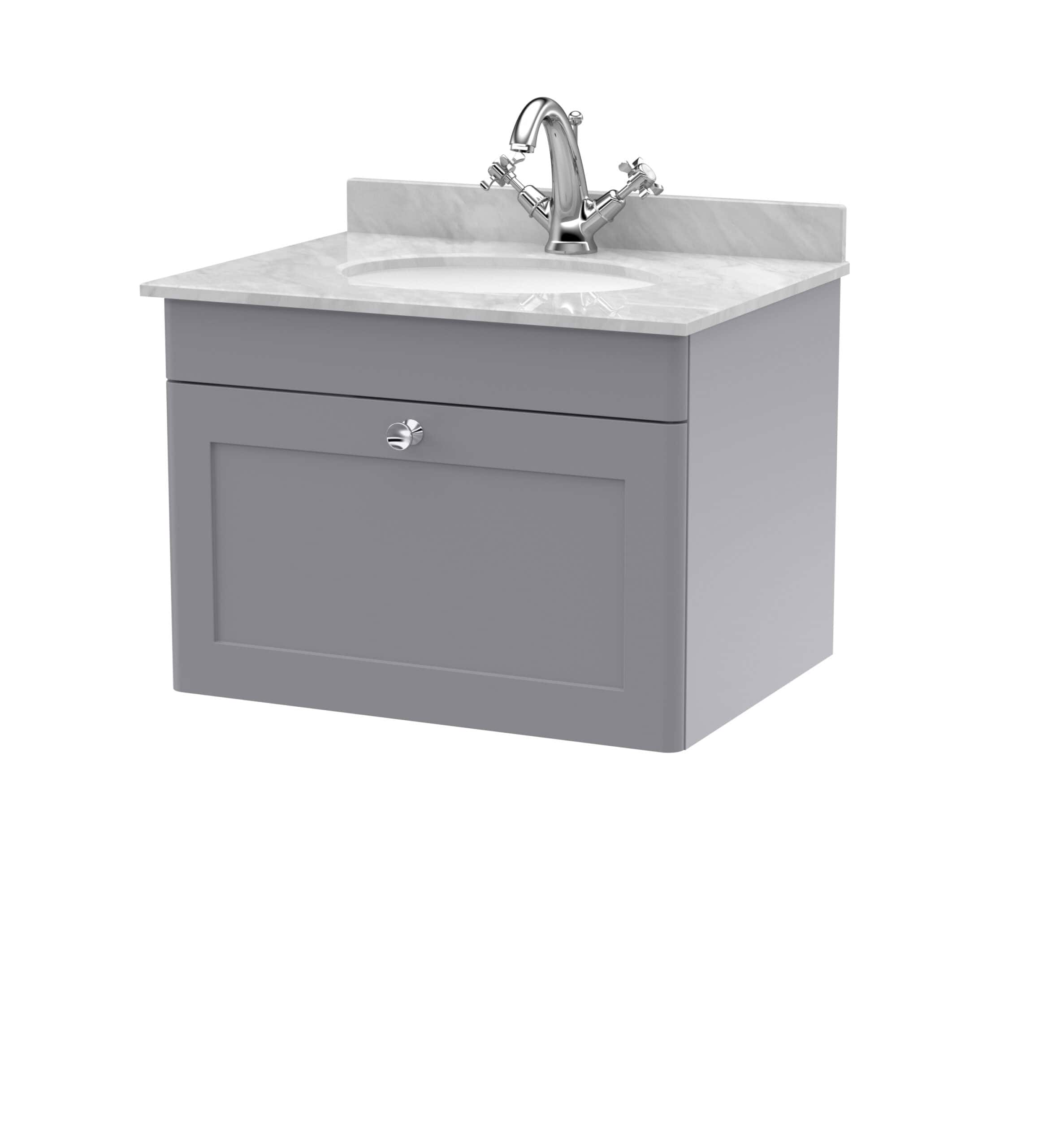 Polished grey bathroom vanity unit with marble countertop and chrome tap, ideal for modern bathroom design and fittings.