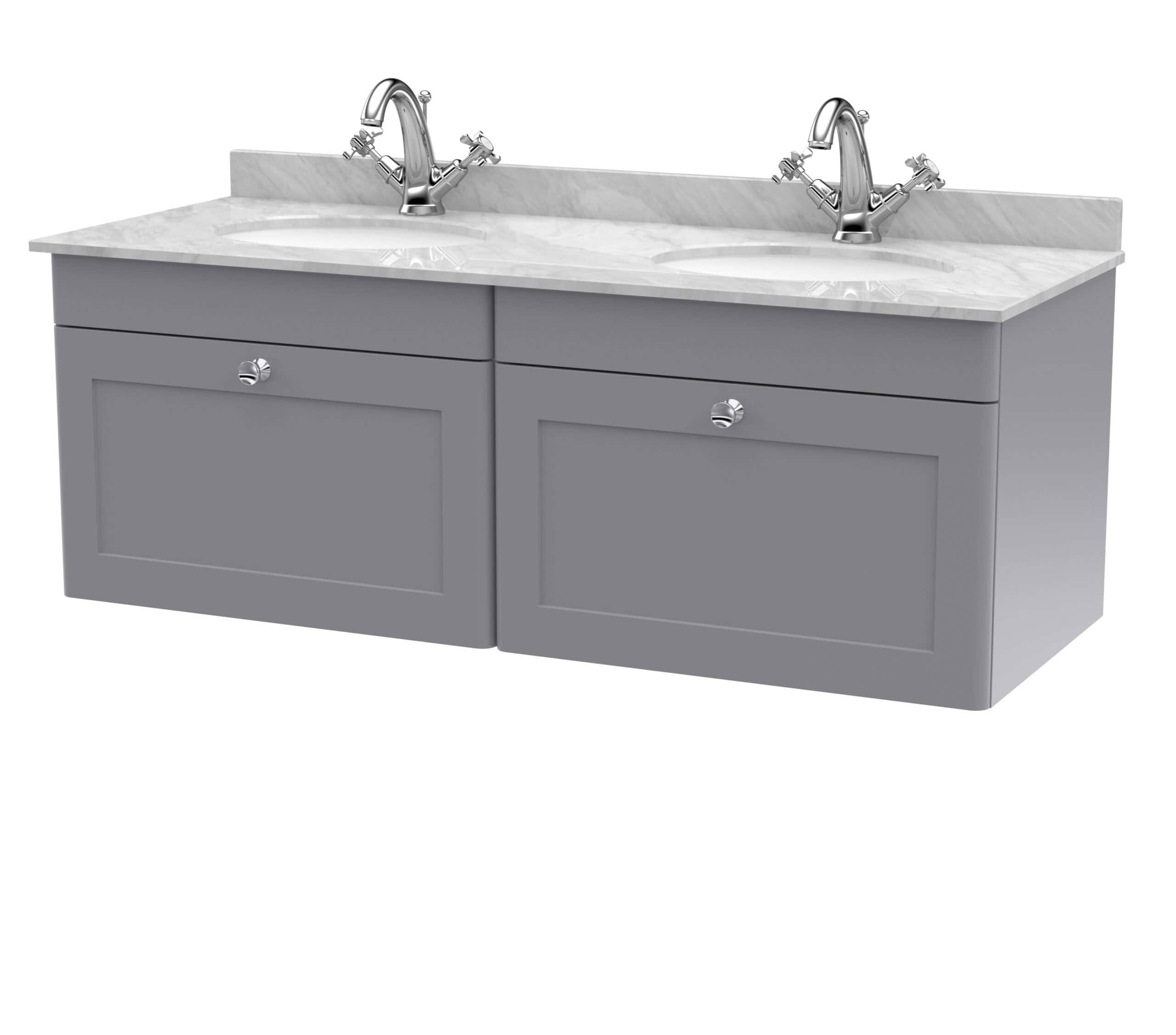 Shower vanity unit with dual sinks and grey cabinetry, featuring chrome fixtures, ideal for modern bathrooms and bathroom renovations, showcasing elegant design and storage solutions.