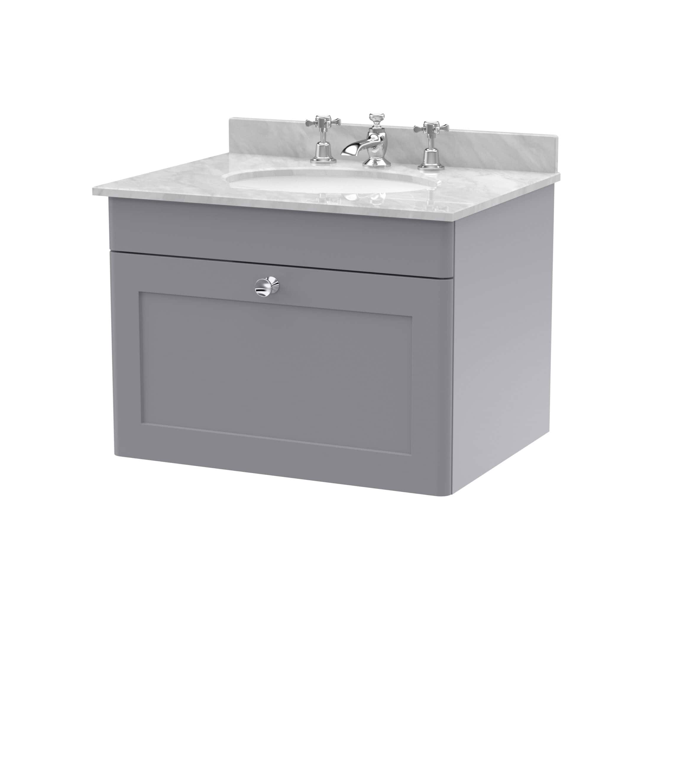 Polished grey bathroom vanity with marble countertop and classic chrome taps, ideal for modern bathroom décor. Stylish and functional, perfect for bathroom renovation projects.