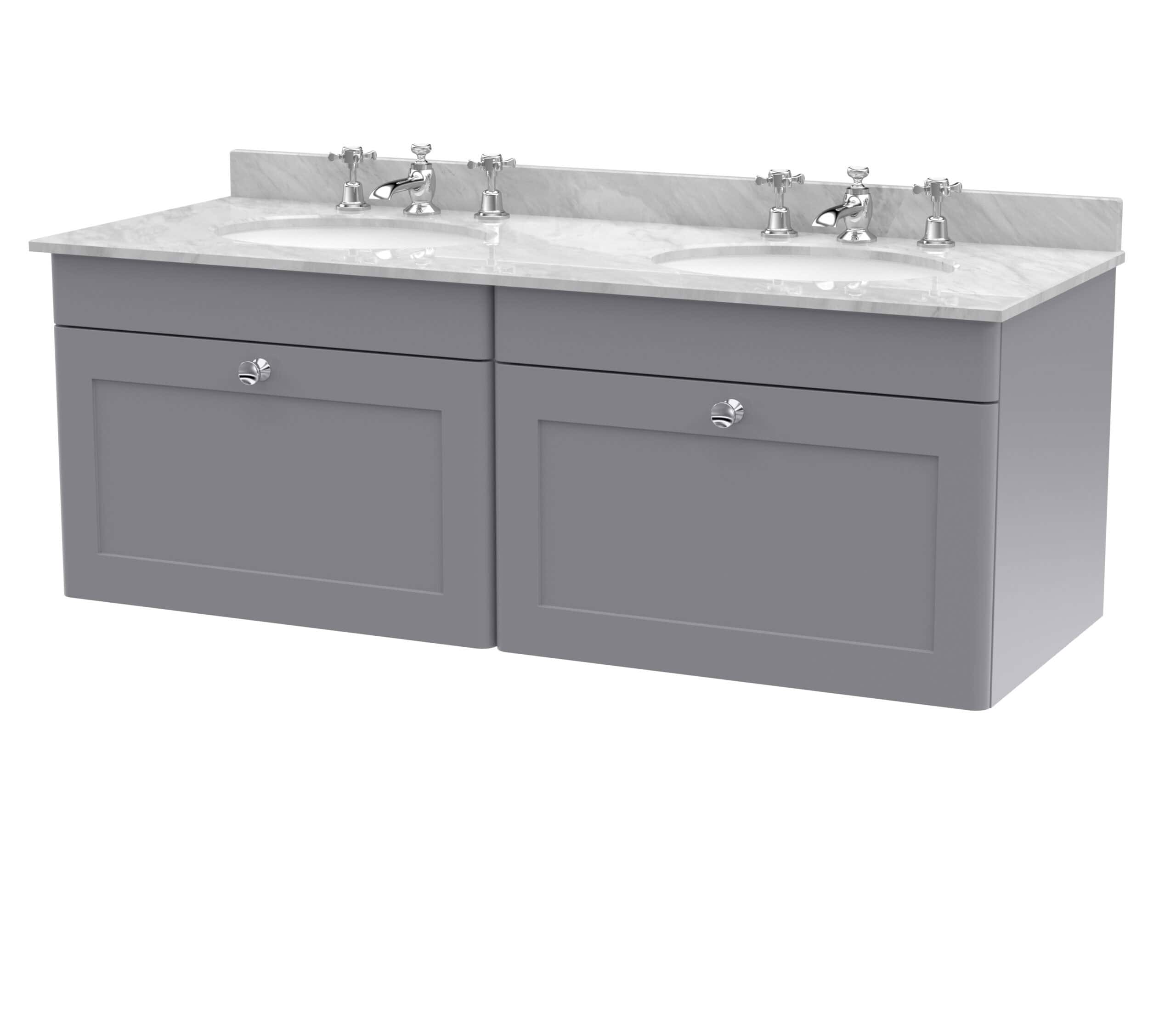Sleek double bathroom vanity unit with marble countertop, twin sinks, chrome taps, and grey cabinetry, perfect for modern bathroom designs focusing on style and functionality.